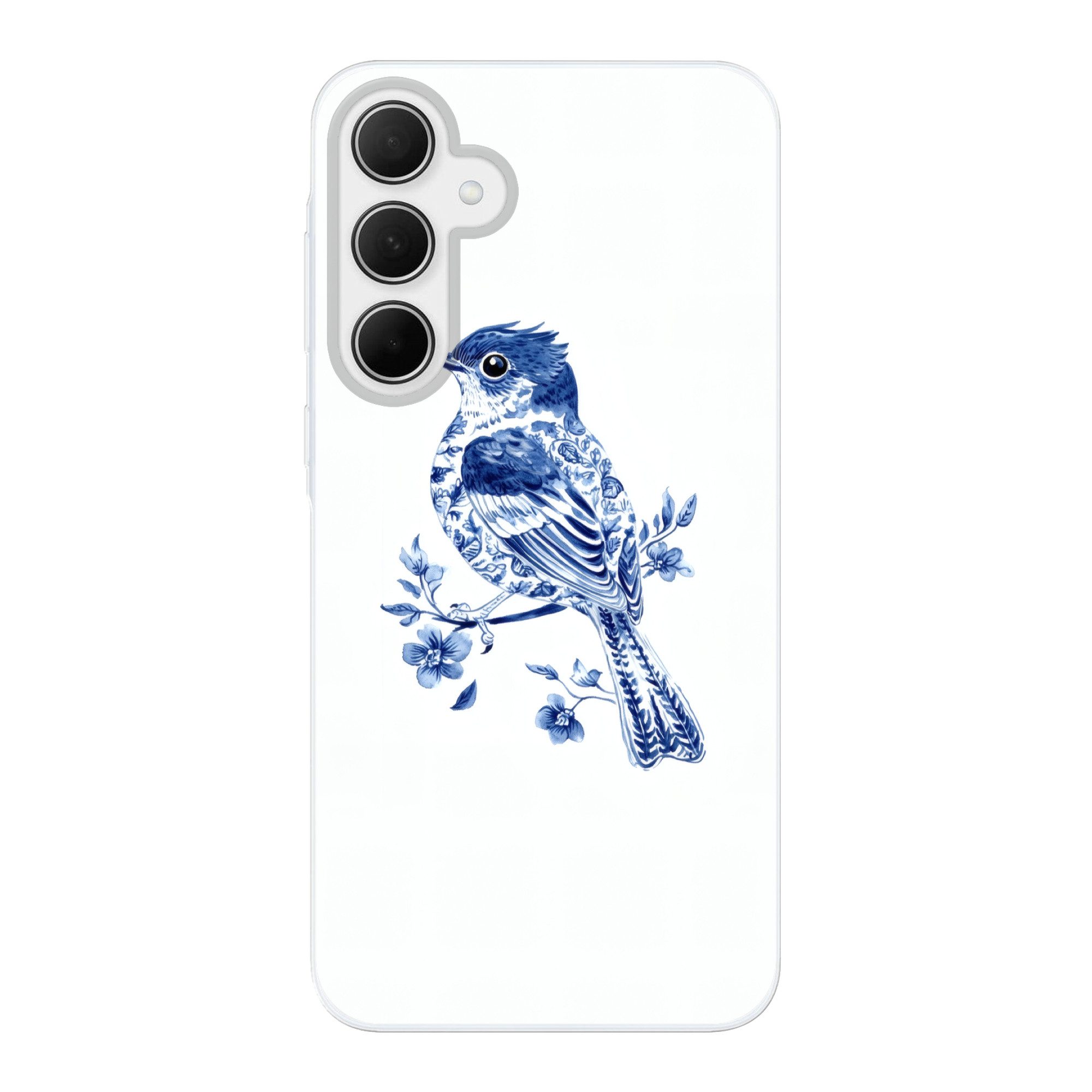 MuchoWow Handyhülle für Samsung Galaxy A35 5G Vogel - Delfter Blau - Illustration - Blumen, Smartphone-Bumper, Print, Handy Schutzhülle Dünn