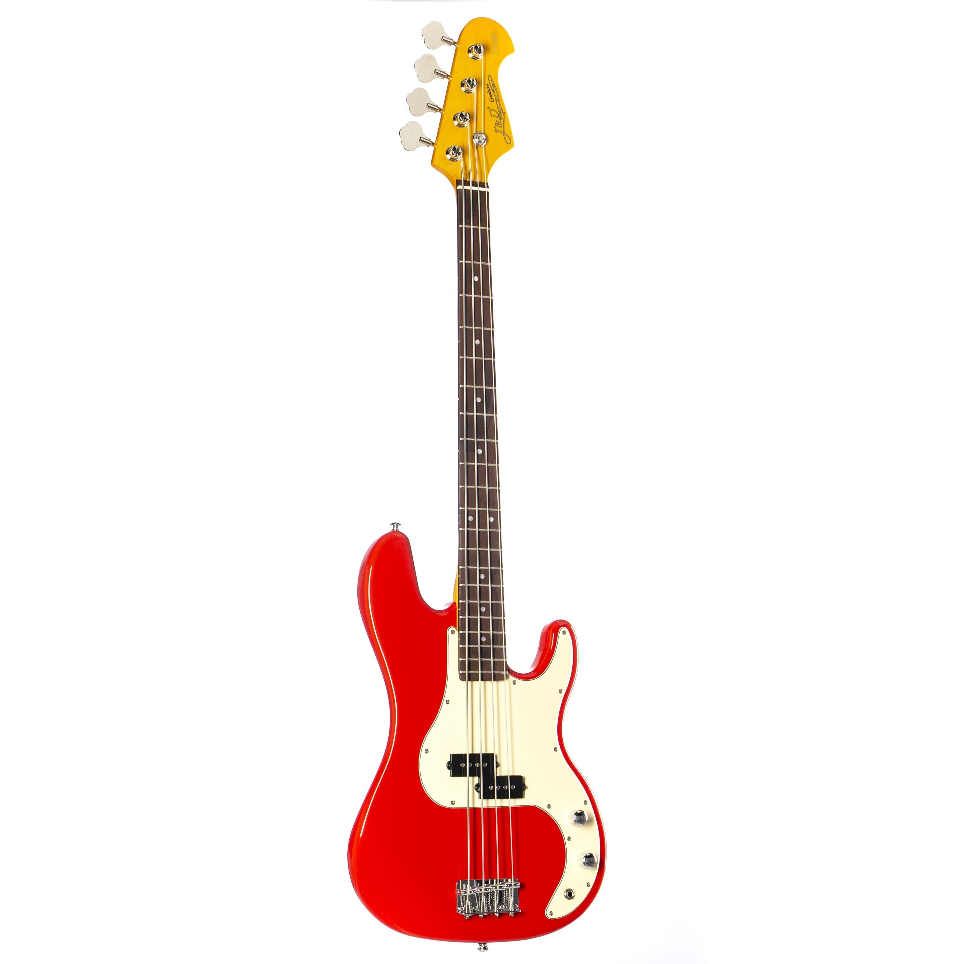 J & D E-Bass, E-Bass, Elektrische Bass Gitarre mit 4 Saiten und Linde  Korpus, P Bass mit Split-Coil Tonabnehmer und passiver Elektronik, 1963  Fiesta Red