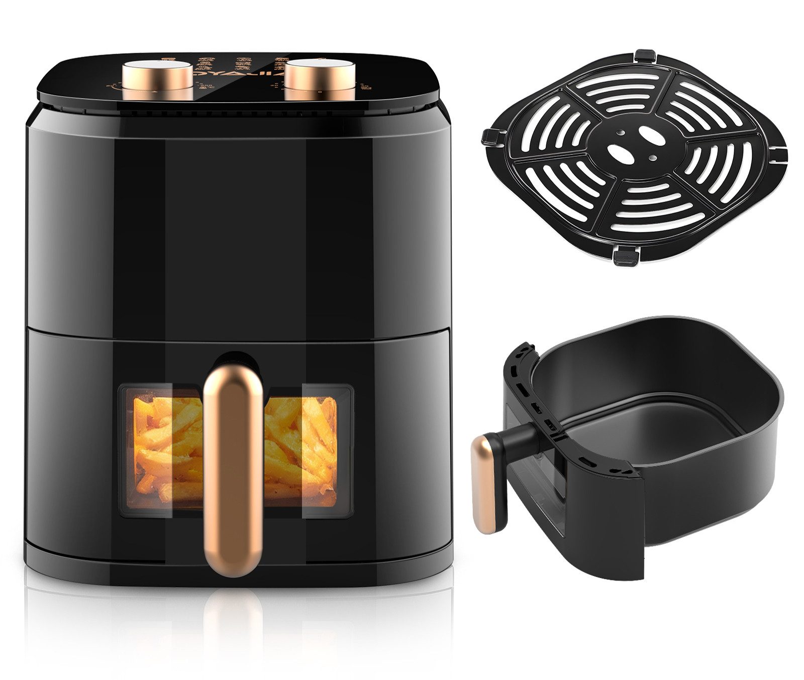 oyajia Heißluftfritteuse Airfryer 5L mit Sichtfenster, Drehknopf für Temperatur & Timer, Ohne ÖL, Kompakter Heißluftfritteuse mit 15 Menüoptionen, 1500 W, 3D-Heißluftzirkulation, Antihaftkorb, Spülmaschinenfest, Fettarm