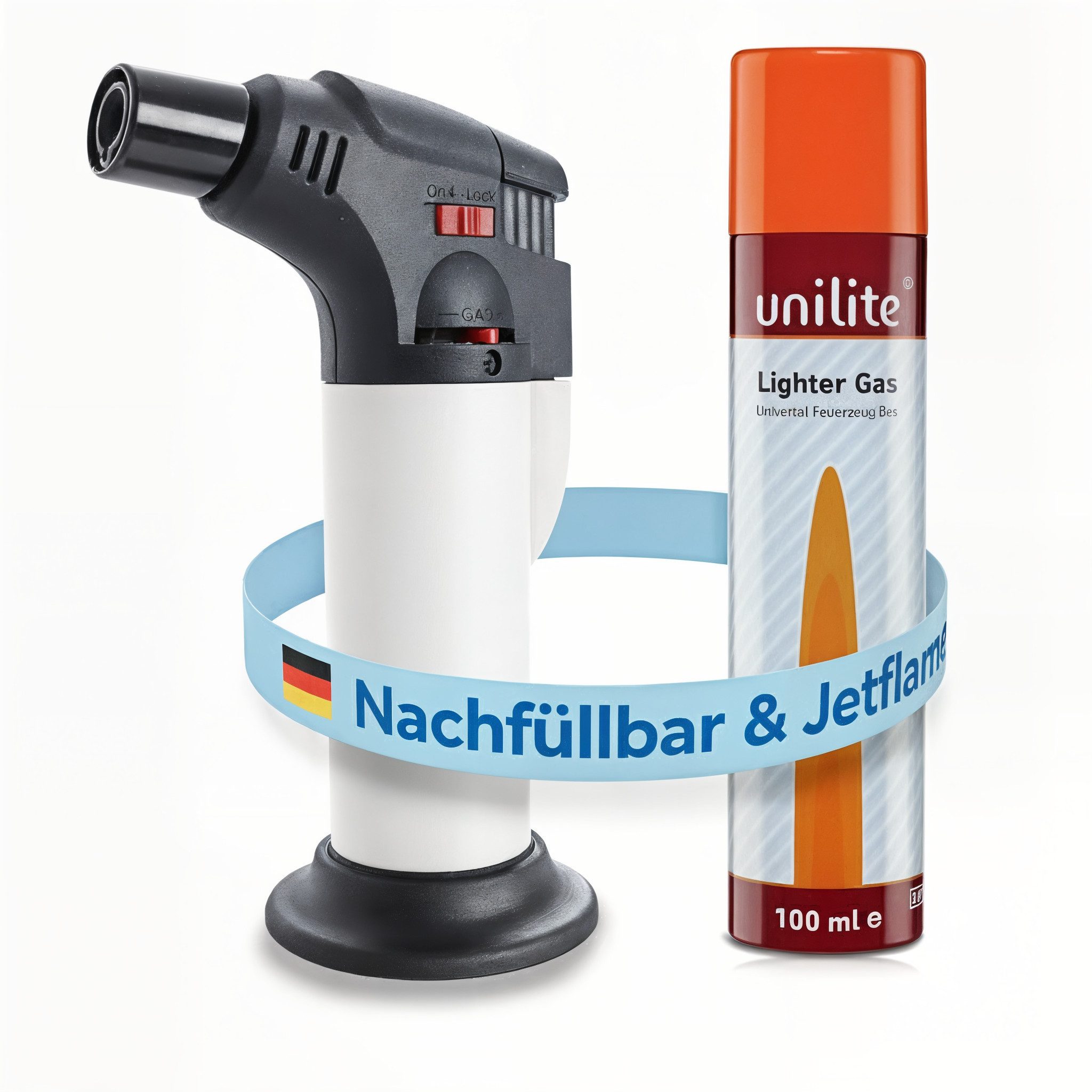 TOM Flambierbrenner Gasbrenner mit 100ml Nachfüllflasche, (2-tlg), Piezo-Zündung, 1300°C, Butan/Propan Gas