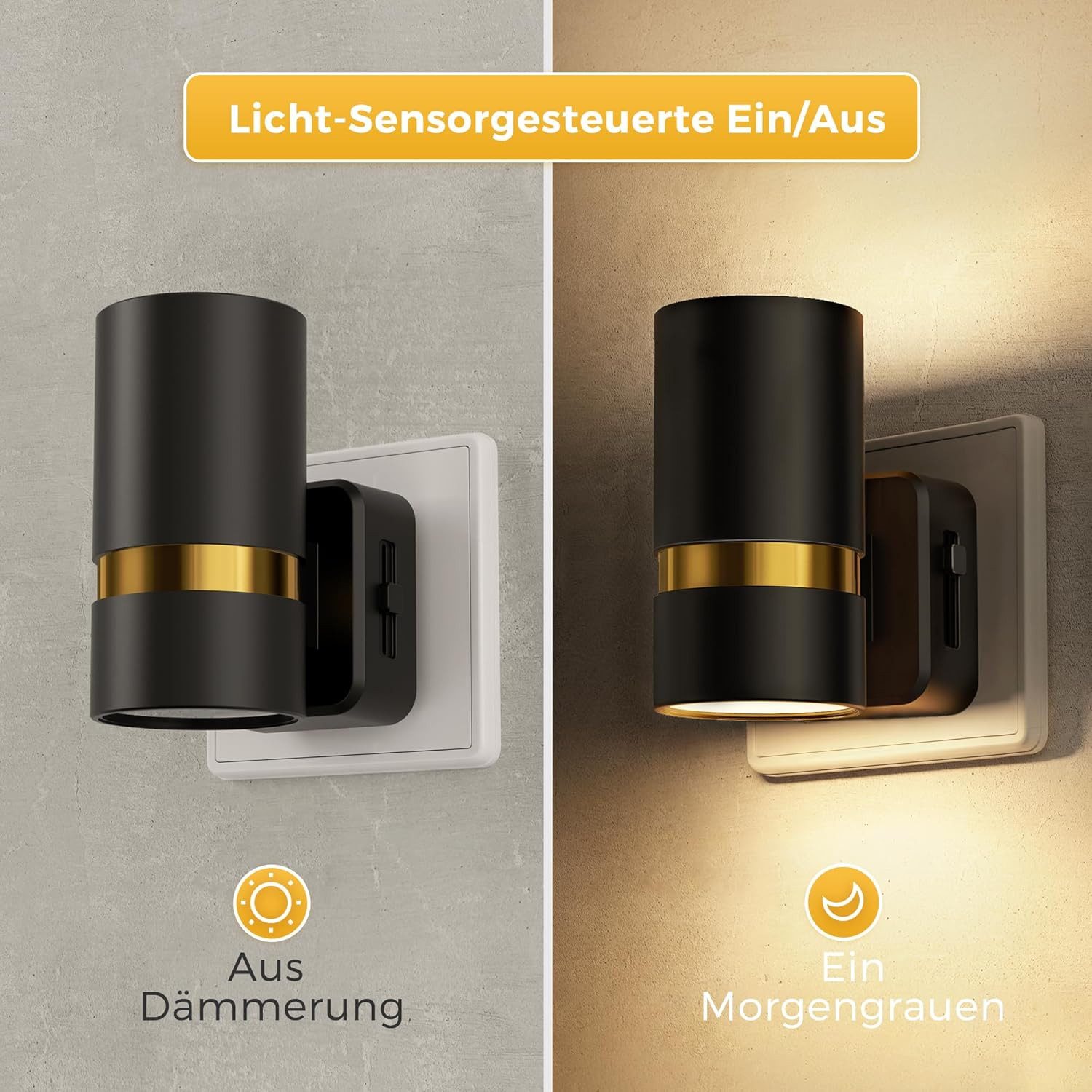 LOHAS-LED Nachtlicht 2er-Set rundes Metall LED Stecknachtlicht mit Dämmerungssensor, LED fest integriert, Warmweiß, Zylinder-Design mit Goldleiste, blendfreies  – Bild 4 von 5