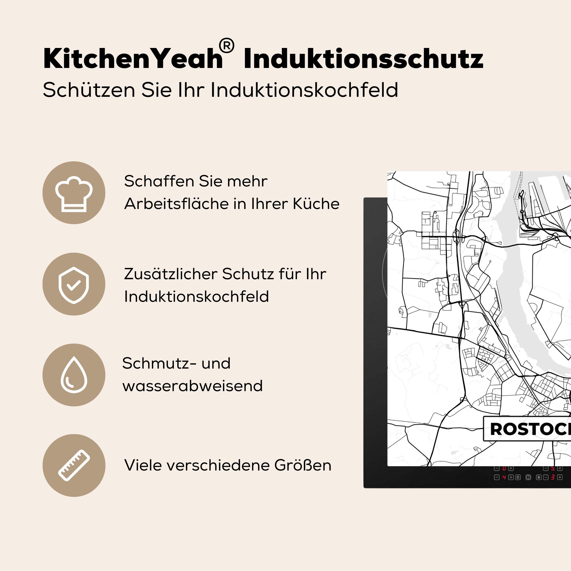 - Ceranfeldabdeckung, (1 MuchoWow Rostock 78x78 Stadtplan, - tlg), Arbeitsplatte Herdblende-/Abdeckplatte Vinyl, Karte für cm, küche