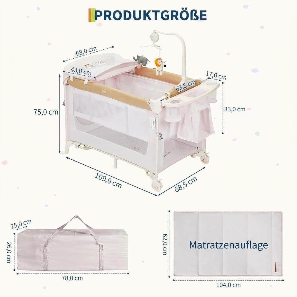 GarveeMore Baby-Reisebett 4-in-1 Baby Beistellbett Mit Rollen Klappbar,Laufstall, Wickeltisch&Wiege,Inklusive Matratze,Tragetasche,Musikspiel Mobile