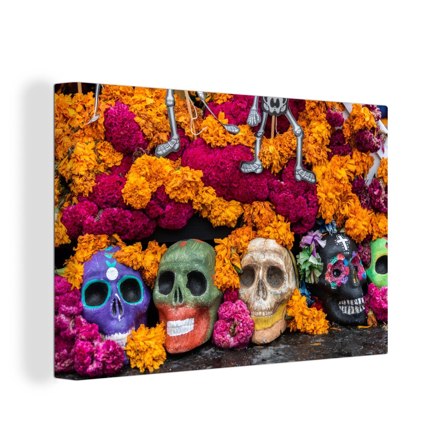 OneMillionCanvasses® Leinwandbild Verzierte Totenköpfe zwischen Blumen, (1 St), Wandbild Leinwandbilder, Aufhängefertig, Wanddeko, 30x20 cm | Leinwandbilder