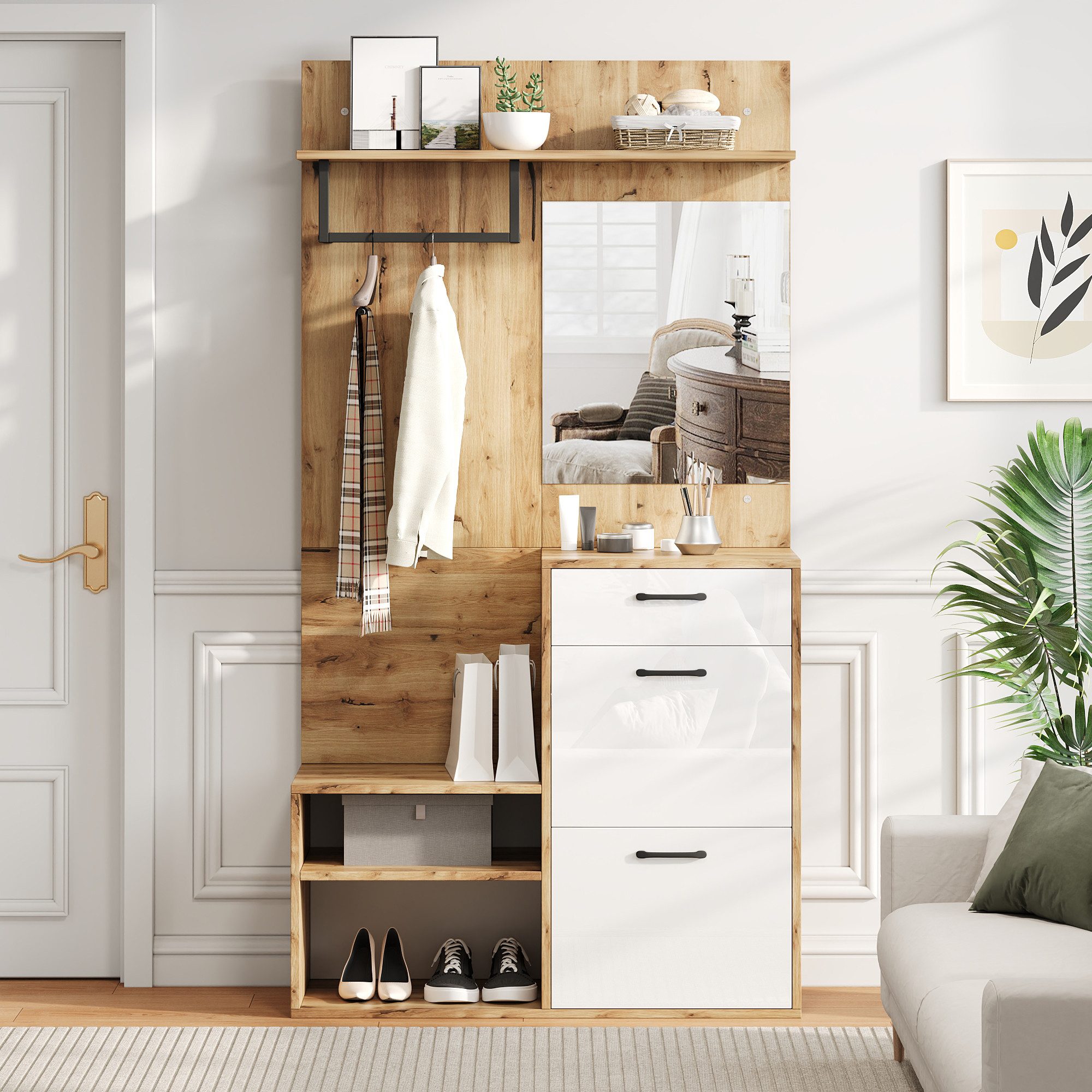 KLAM HOME Garderoben-Set 100*38.5*190cm Garderoben-Set mit 1 Schublade und 2 Schränken, (Mit Spiegel, Schuhbank, Schuhschrank, Flurschrank, viel Stauraum), Hängeschrankregal, Kompaktgarderobe, Weiß + Original Holzfarbe