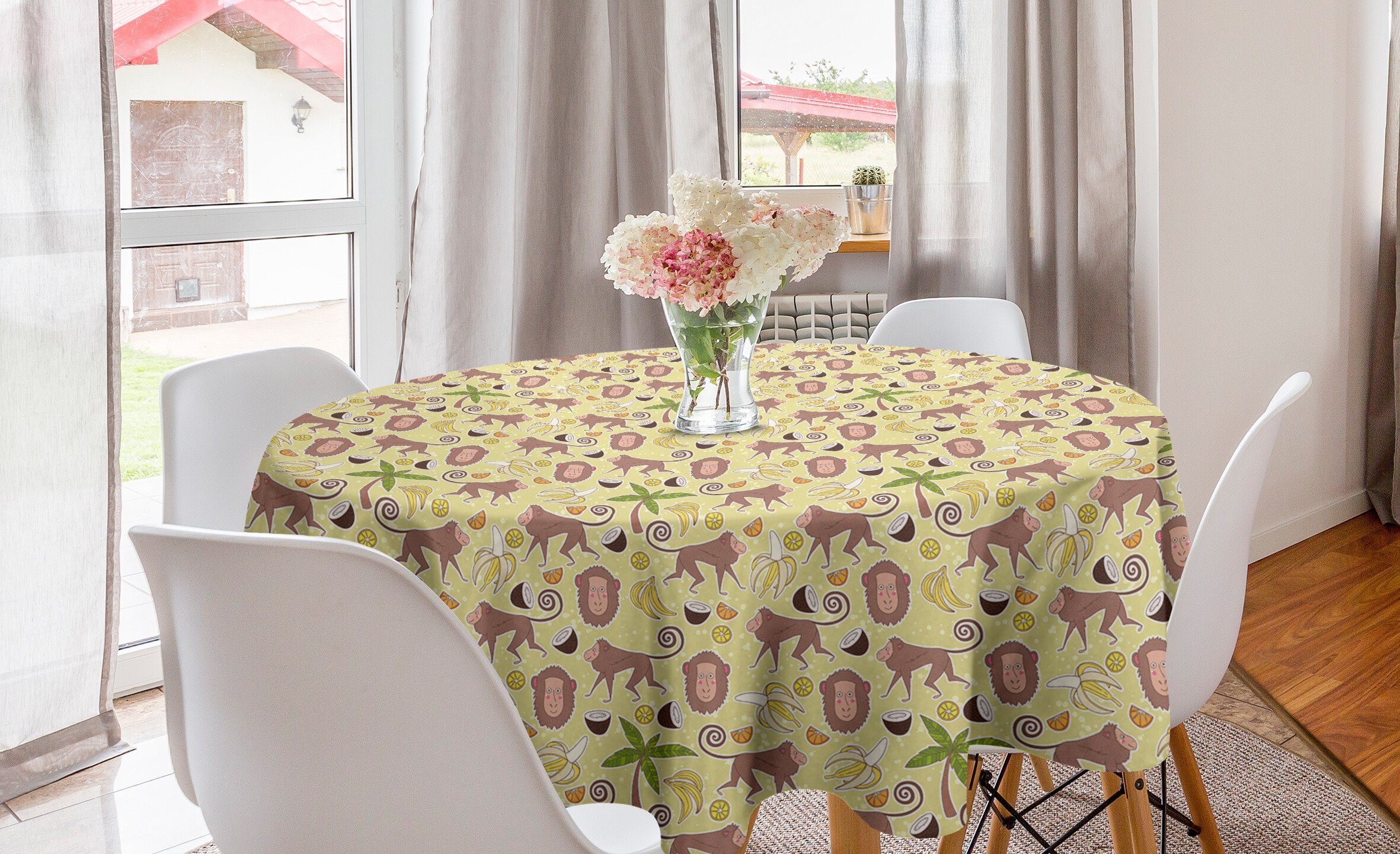 Abakuhaus Tischdecke Kreis Tischdecke Abdeckung für Esszimmer Küche Dekoration, Tropisch Früchte Affen und Bäume