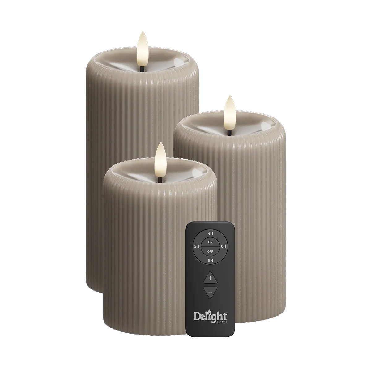 Deluxe Homeart LED-Kerze LED Stumpenkerzen Mocca Stripe 3er Set – Delight Candles mit Fernbedie