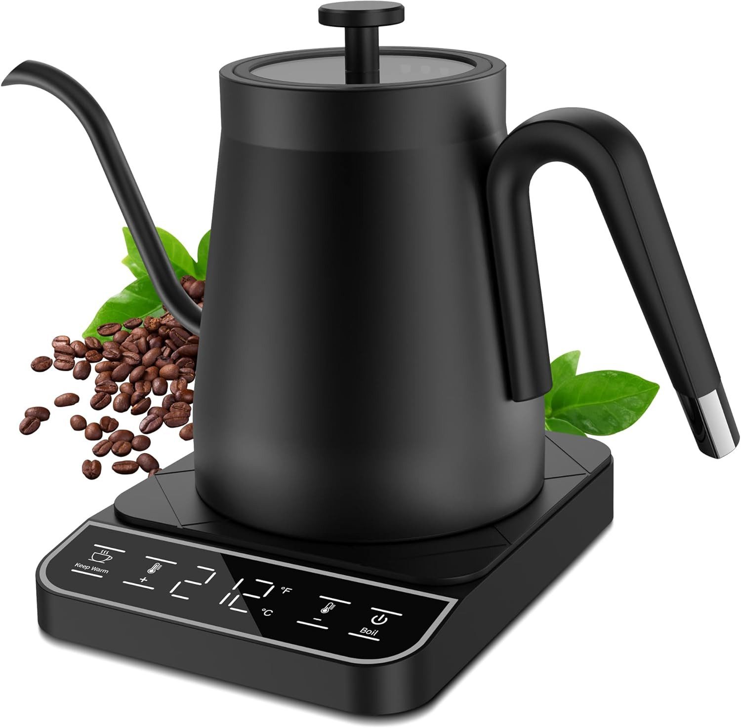 AURIVION Wasserkocher Schwanenhals Wasserkocher mit Temperaturregelung & Warmhaltefunktion, 0.8 l, 1200 W, Elektrischer Übergießkessel aus Edelstahl für Kaffee & Tee