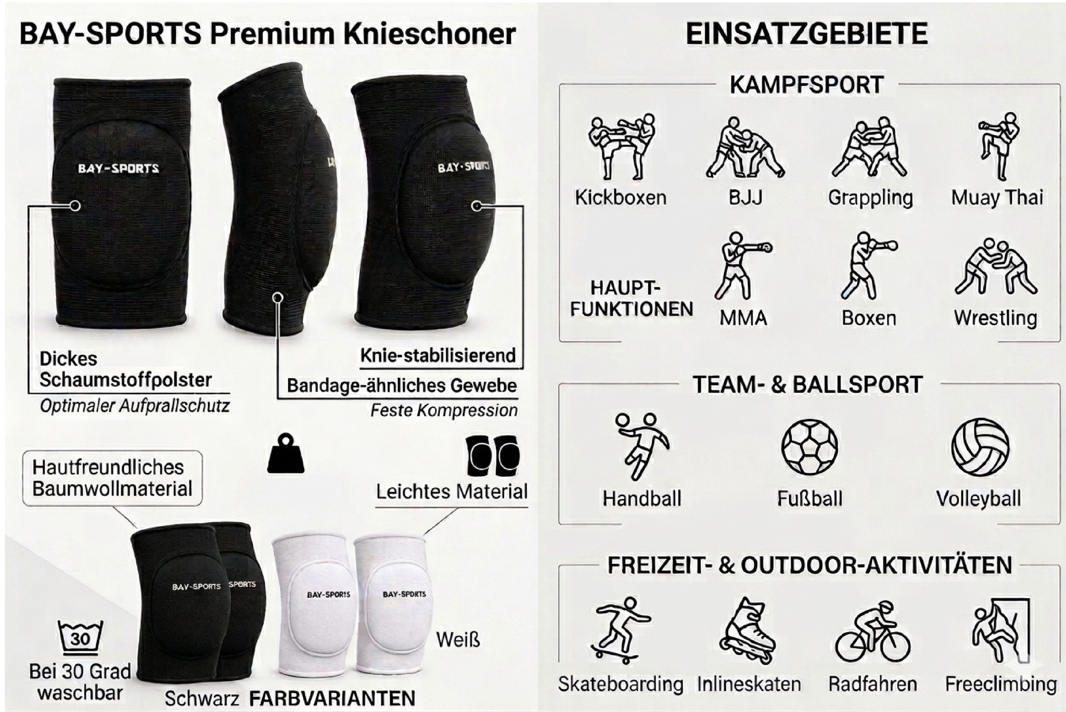 BAY-Sports Knieschutz Knieschützer Knieschoner Knieschutz Kniepolster Bandage KNEE GUARD, stabilisierend, stoßdämpfend, elastisch, atmungsaktiv, Schwarz, Weiß