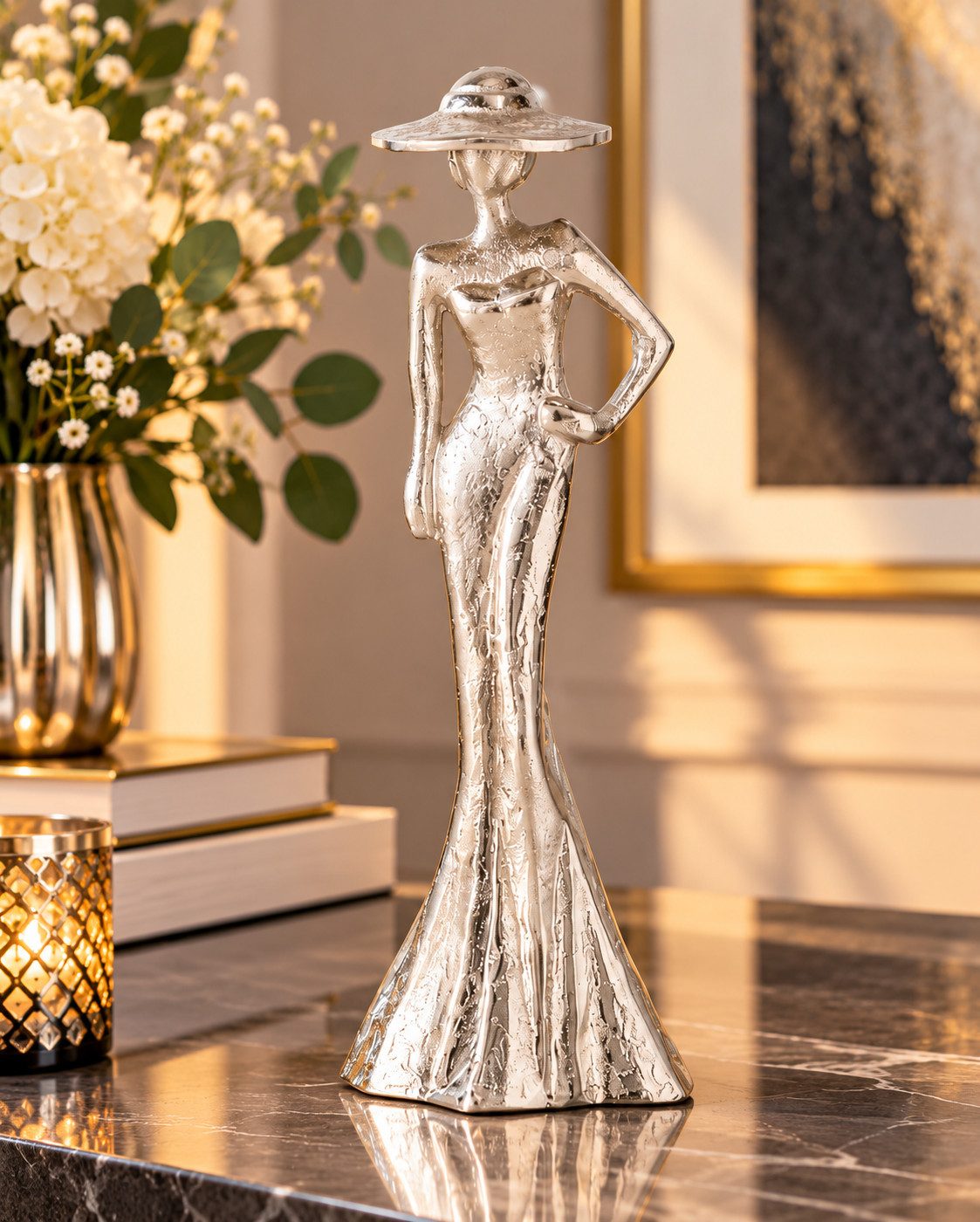 MF Dekofigur Dekofigur Lady silber Frau mit Hut 30 cm aus Aluminium (1 St)