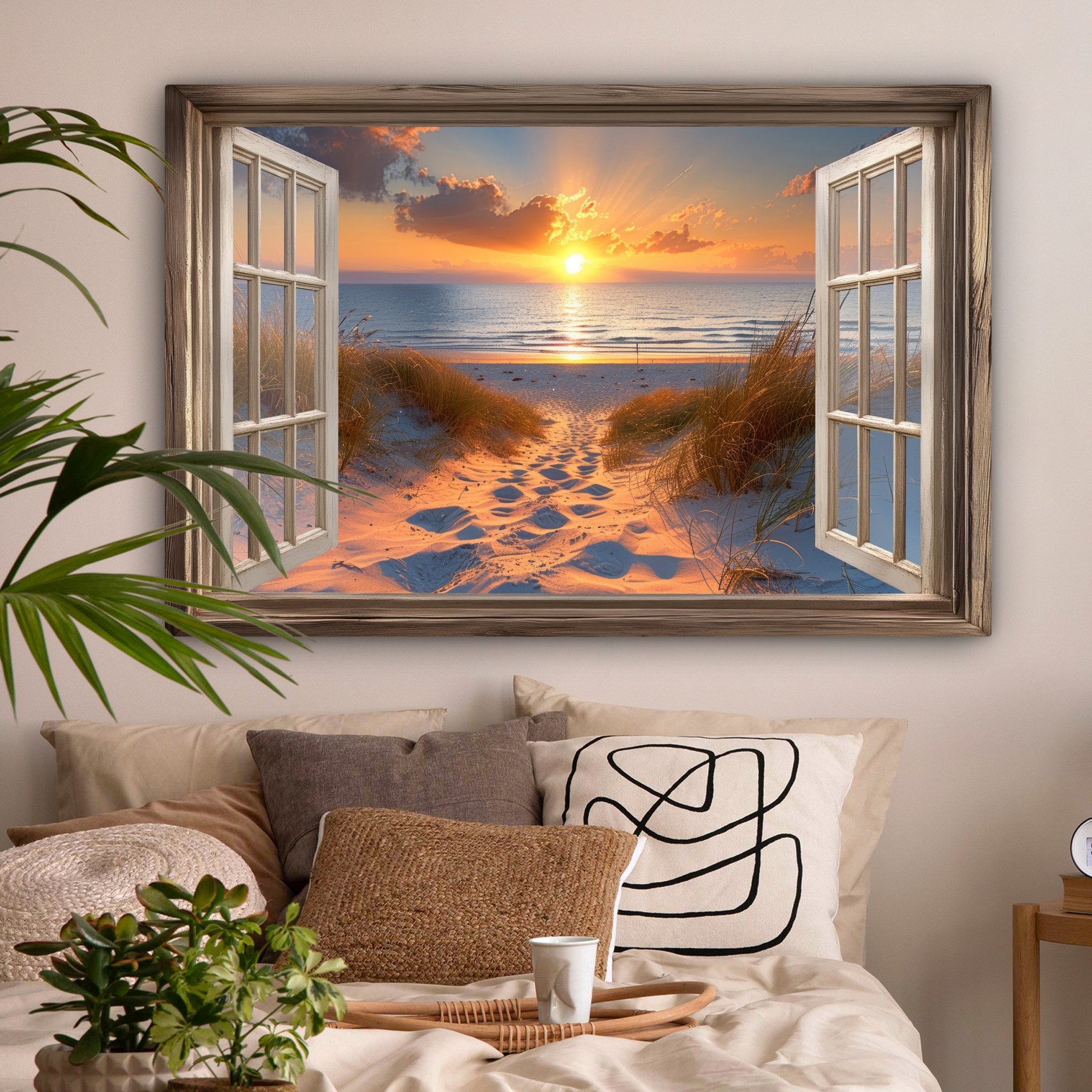 OneMillionCanvasses® Leinwandbild Durchblick - Strand - Dünen - Sonnenuntergang, Fotodruck (1 St), Wandbild XXL für Wohnzimmer Küche 120x80 cm