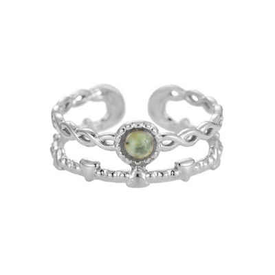 SPIEGELLUST Fingerring, Doppelband-Ring aus Edelstahl, Ring mit Naturstein Grün Grau, Größenverstellbar