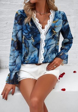 BlauWave Druckbluse Bedruckte Langarm-Bluse mit V-Ausschnitt und elegantem Blumenmuster (1-tlg., Geeignet für tägliche Reisen) Lässiger Saum für den Frauenalltag