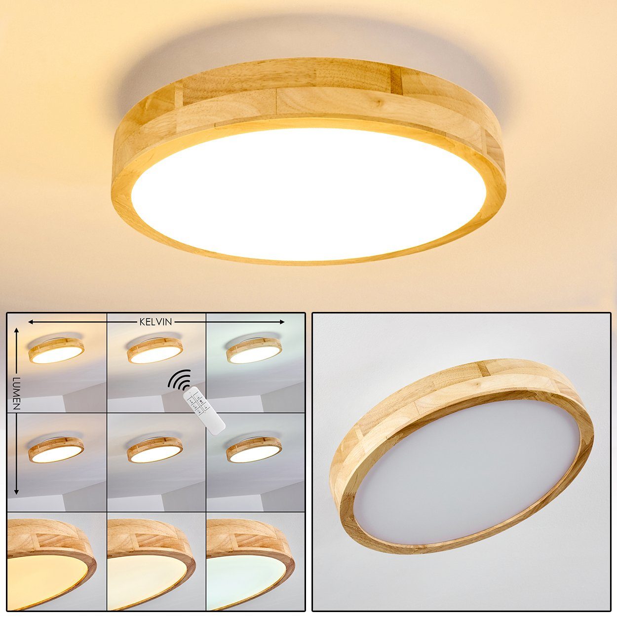 hofstein Deckenleuchte »Voltre« dimmbare Deckenlampe aus Metall in Weiß/Holzoptik, CCT 3000 - 5500 Kelvin, Ø40cm, 24 Watt, 170-1350 Lumen, einstellbar/dimmbar über Fernbedienung