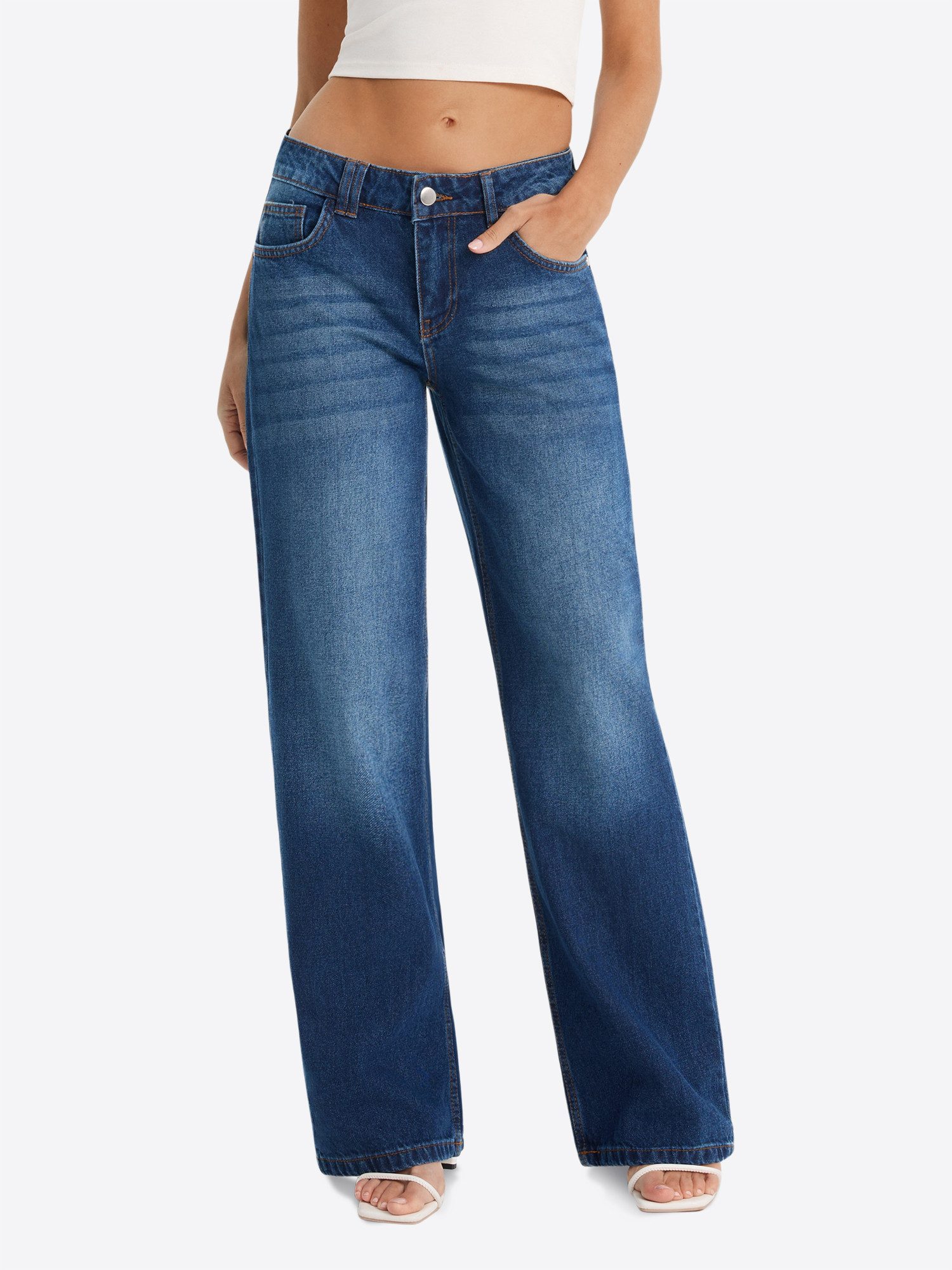 Boyfriend-Jeans Damen Low-Waist Wide Leg aus Baumwolle Denim Casual