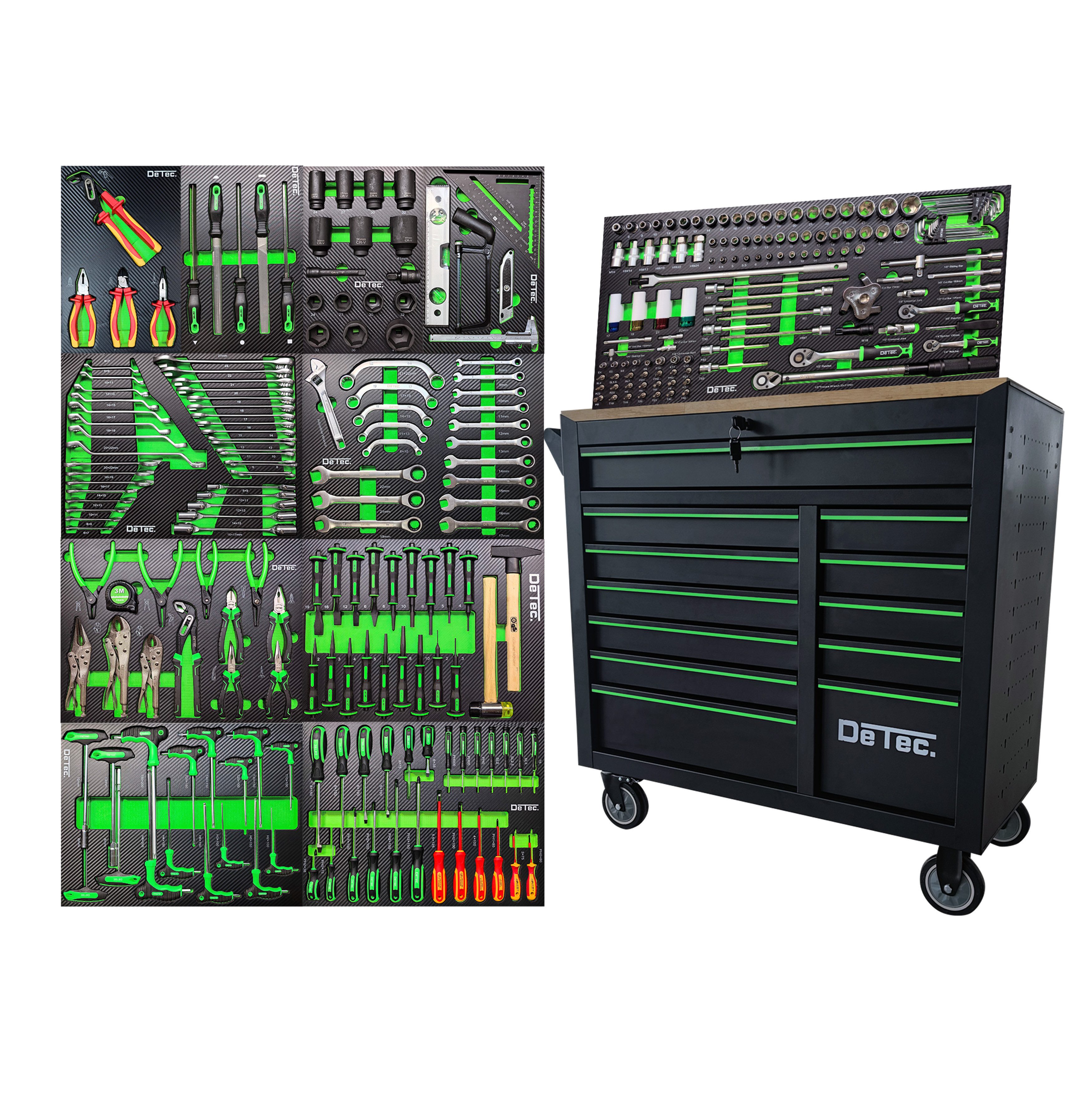DeTec. Werkstattwagen Heavy Duty XXL Werkzeugwagen 261-tlg. mit Soft-Close – Master Edition, 261-tlg. Werkzeugset, 12 Schubladen 11 Gefüllt mit Werkzeug