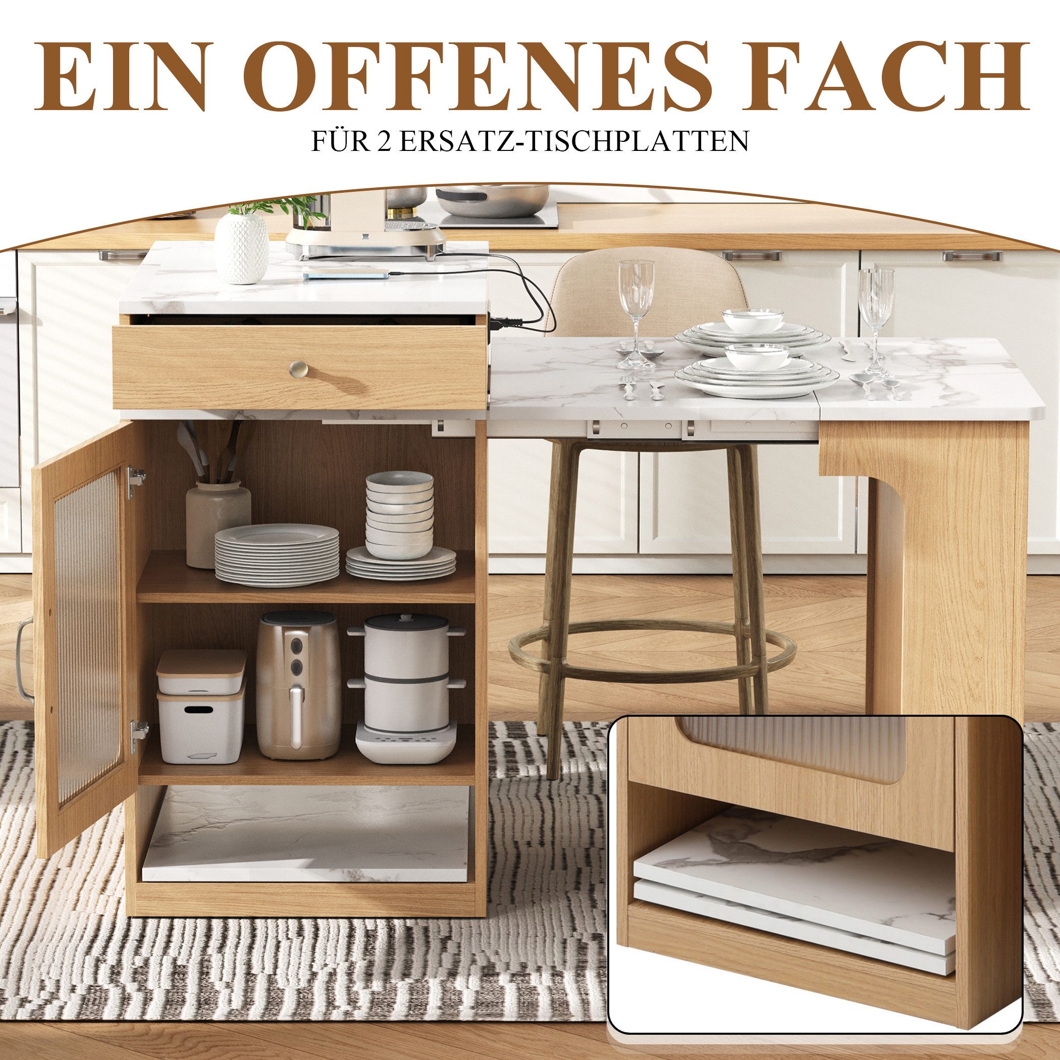 SeedWave Kücheninsel Allzweck Küchenschrank mit Ausziebarem Esstisch, Ladefunktion, 2 Schubladen, Ablagefächer mit höhenverstellbare Einlegeböden