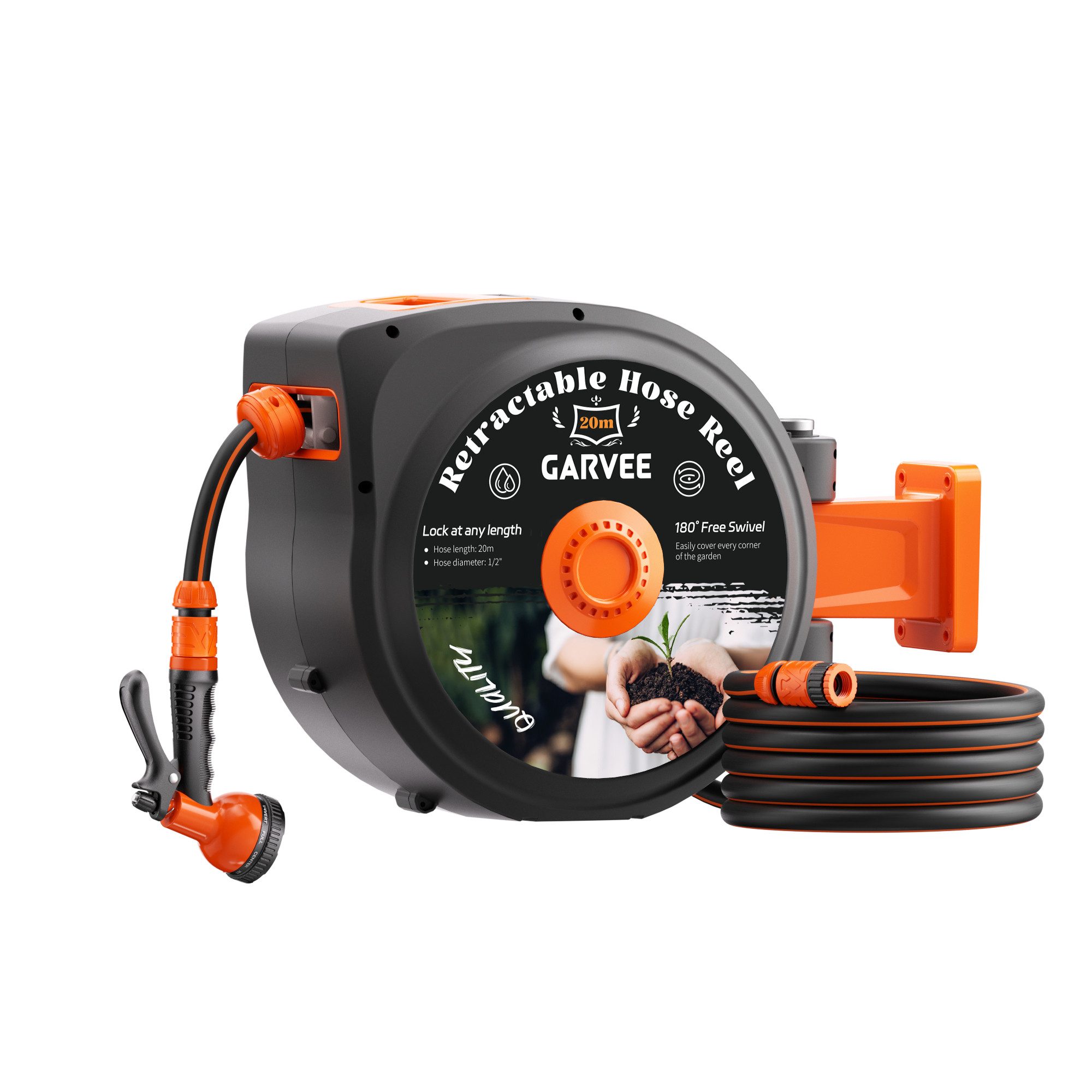 GarveeMore Gartenschlauch Gartenschlauch-Aufroller mit verstärkter Metallachse,Sicherer Rücklauf, Automatische Wand-Schlauchbox (15/20 m, 1/2 Zoll)