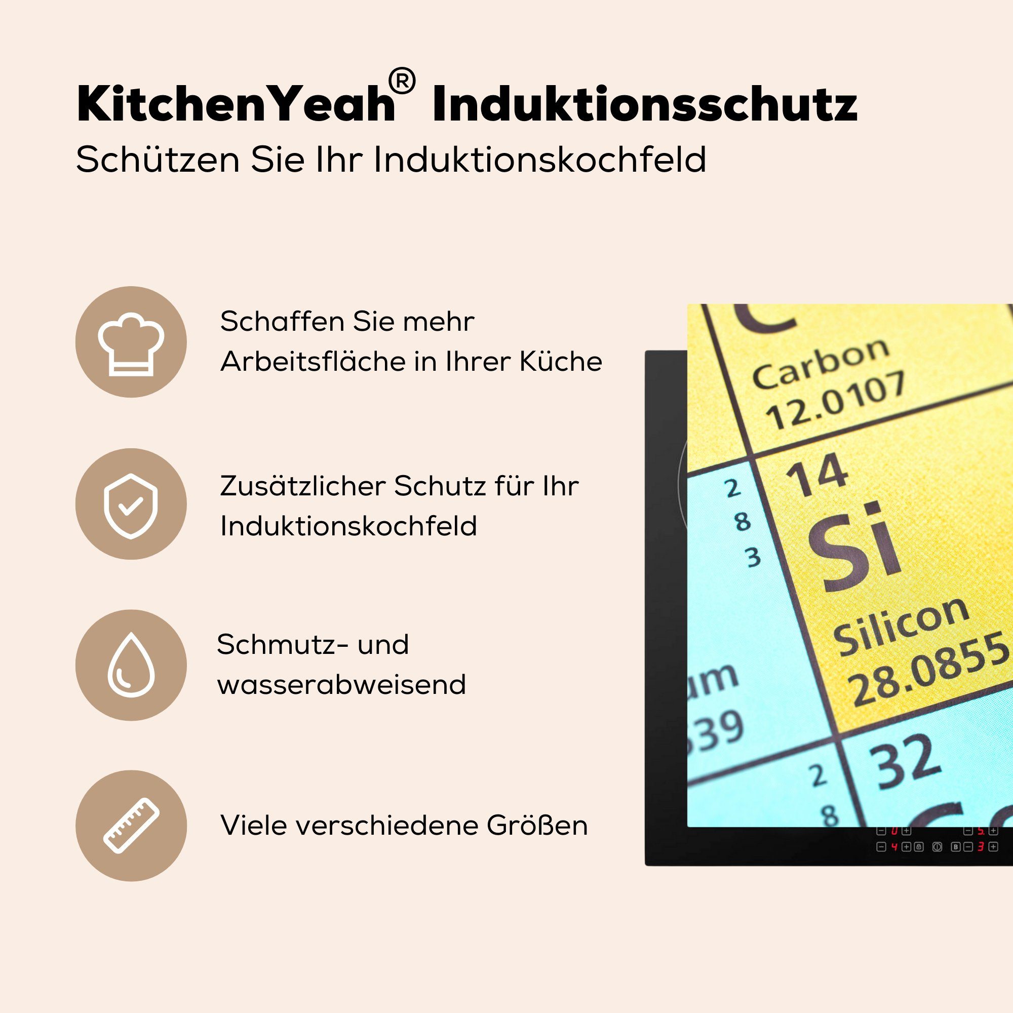 MuchoWow Herdblende-/Abdeckplatte Periodensystem küche Silizium, 78x78 (1 cm, mit Arbeitsplatte Ceranfeldabdeckung, für tlg), Vinyl