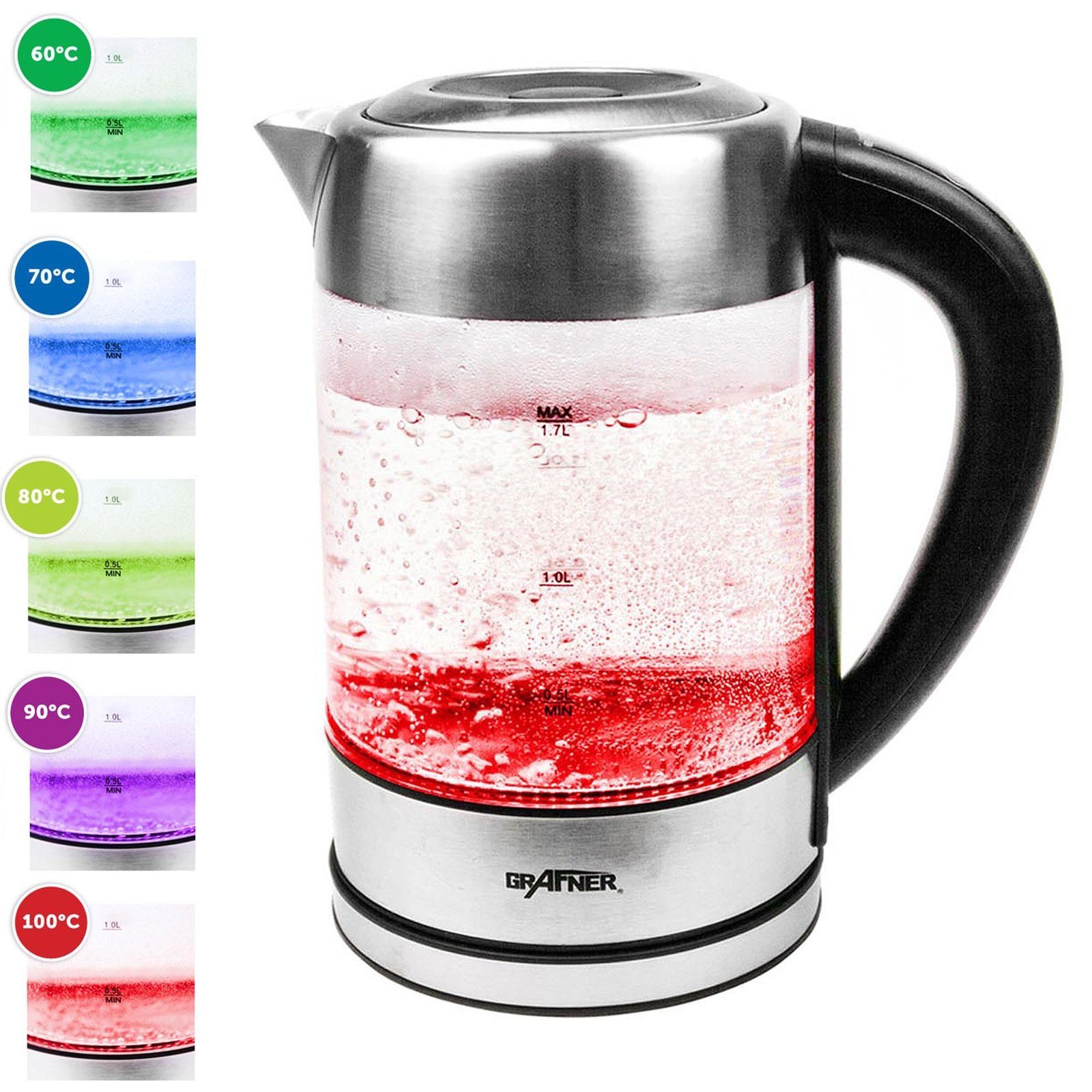 Grafner Wasserkocher Digitaler Glas Wasserkocher mit Dechlorierfunktion, 1.7 l, Temperaturauswahl, Warmhaltefunktion, LED Beleuchtung