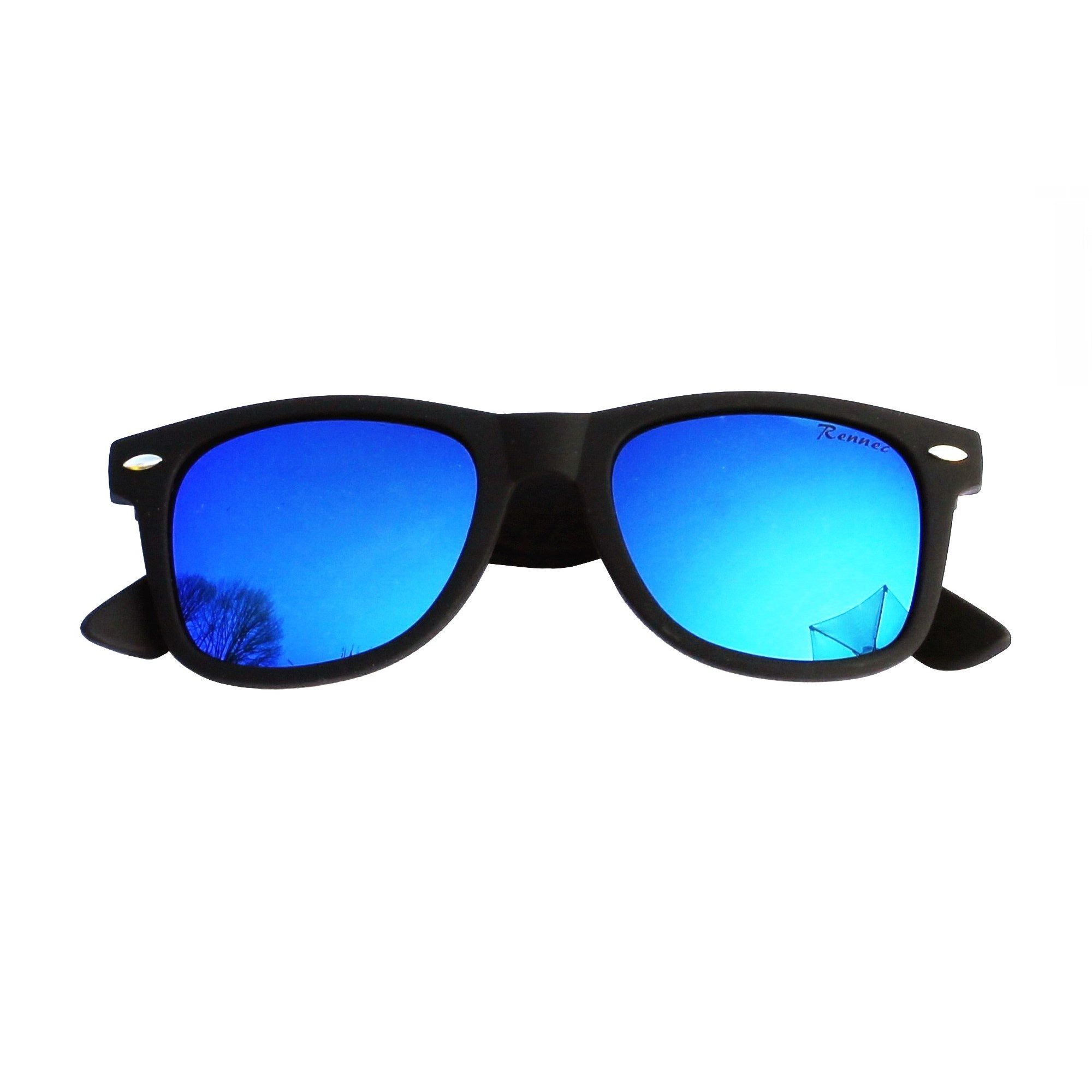Rennec Sonnenbrille (Retro Markenbrille Schwarz Matt Rubber mit Brillenbeutel) Gläser Blau Verspiegelt Bügel mit 3in2 Bügelgelenke Markenschriftzug