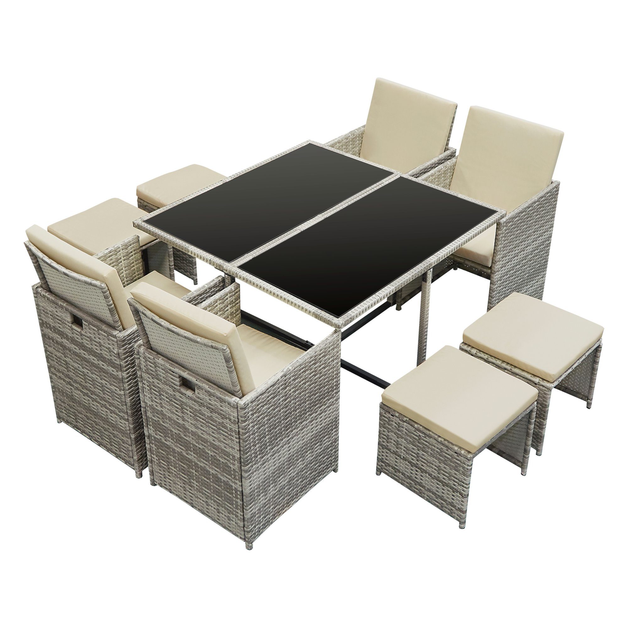 en.casa Gartenlounge-Set, (3-tlg), »Cieza« Sitzgruppe aus Polyrattan 9 tlg. Grau meliert