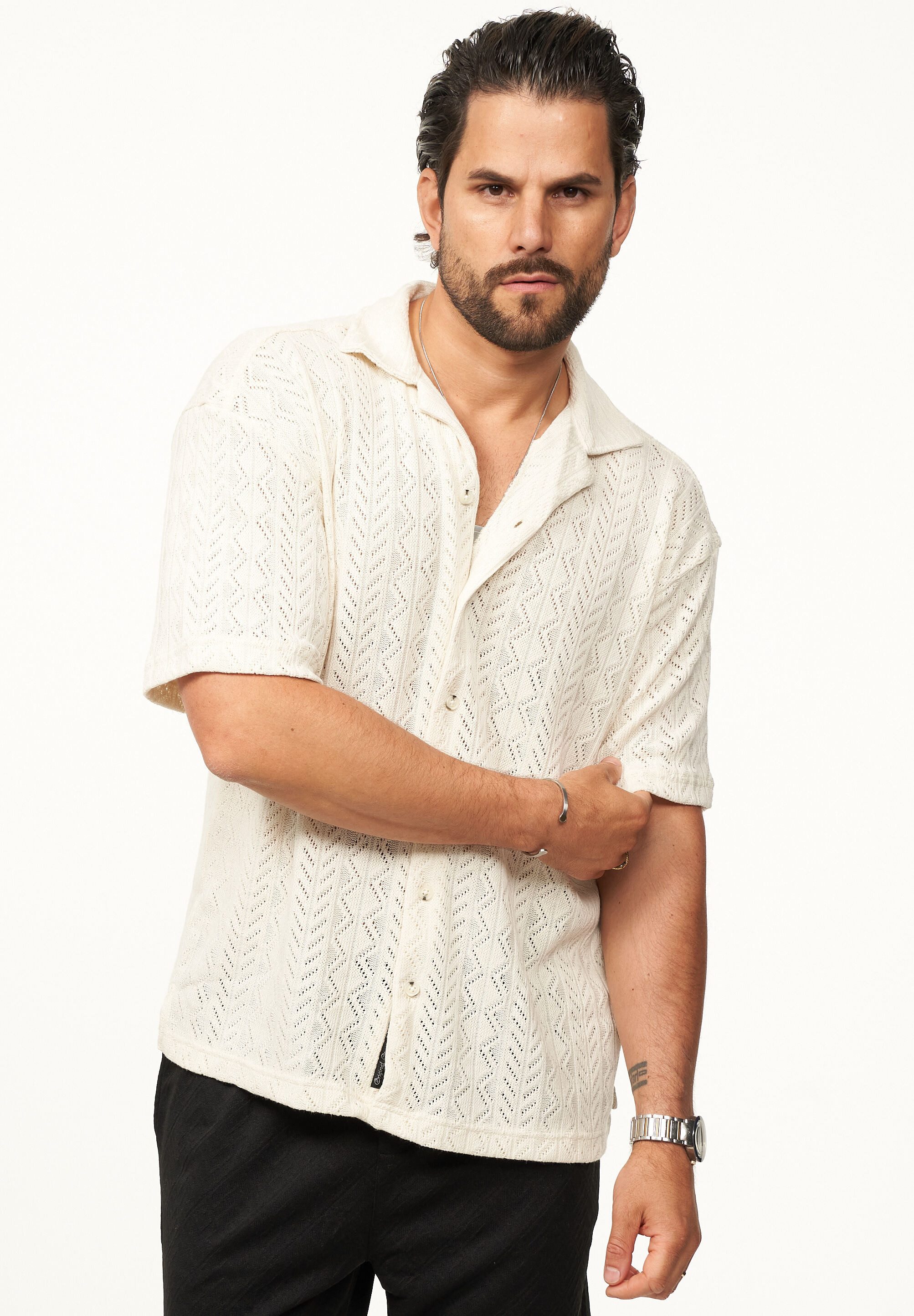 CARISMA Kurzarmhemd für Herren im Vintage Summer-Look im Crochet-Stil Kurzarm Strick Polo-Hemd T-Shirt im Retro-Stricklook