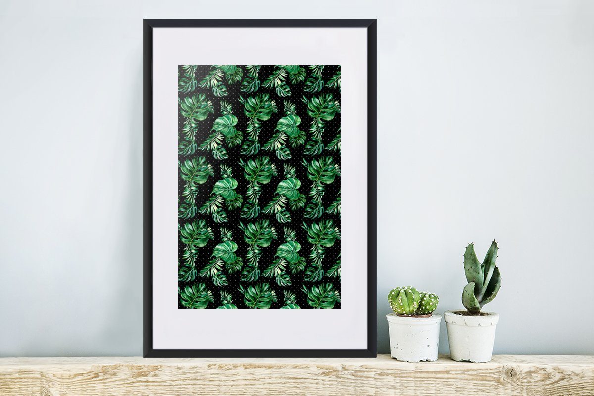 - (1 Poster Monstera, MuchoWow Pflanzen Rahmen, - Gerahmtes St), Poster, Schwarzem Weinlese Kunstdruck, mit Bilderrahmen