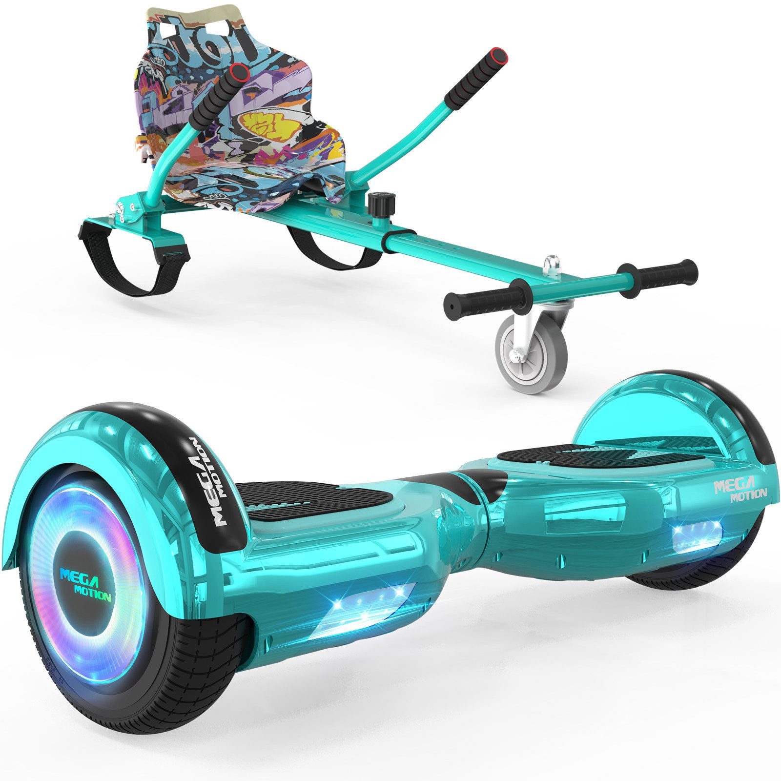 Mega Motion Balance Scooter 6.5 Zoll Hoverboards mit Sitz Hoverkart und Bluetooth und LED-Licht, 15 km/h, mit einem Go-Kart, Geschenk für Kinder und Jugendliche
