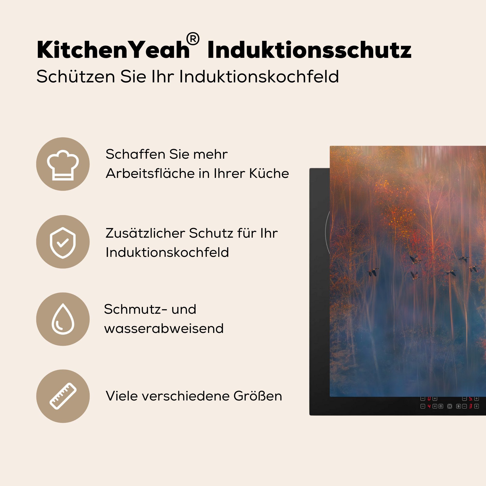 Herbst Wald Herdblende-/Abdeckplatte - Vinyl, für die MuchoWow Ceranfeldabdeckung - Schutz (1 cm, tlg), küche, Nebel, 81x52 Induktionskochfeld