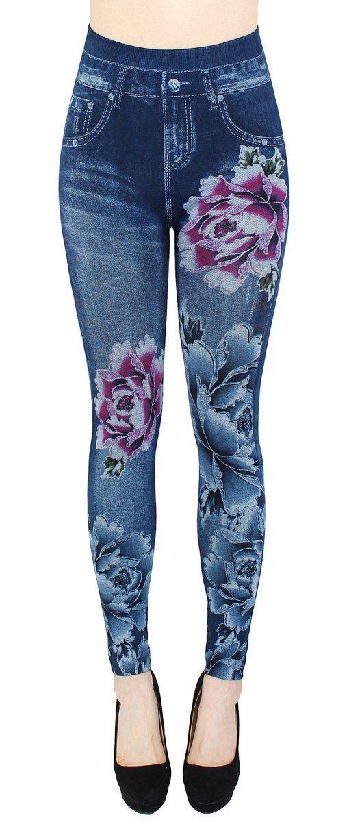 dy_mode Thermoleggings Thermo Leggings Damen Jeggings Gefüttert Hochbund Jeans-Optik Leggins Gefüttert WL046-BigPinkFlowers