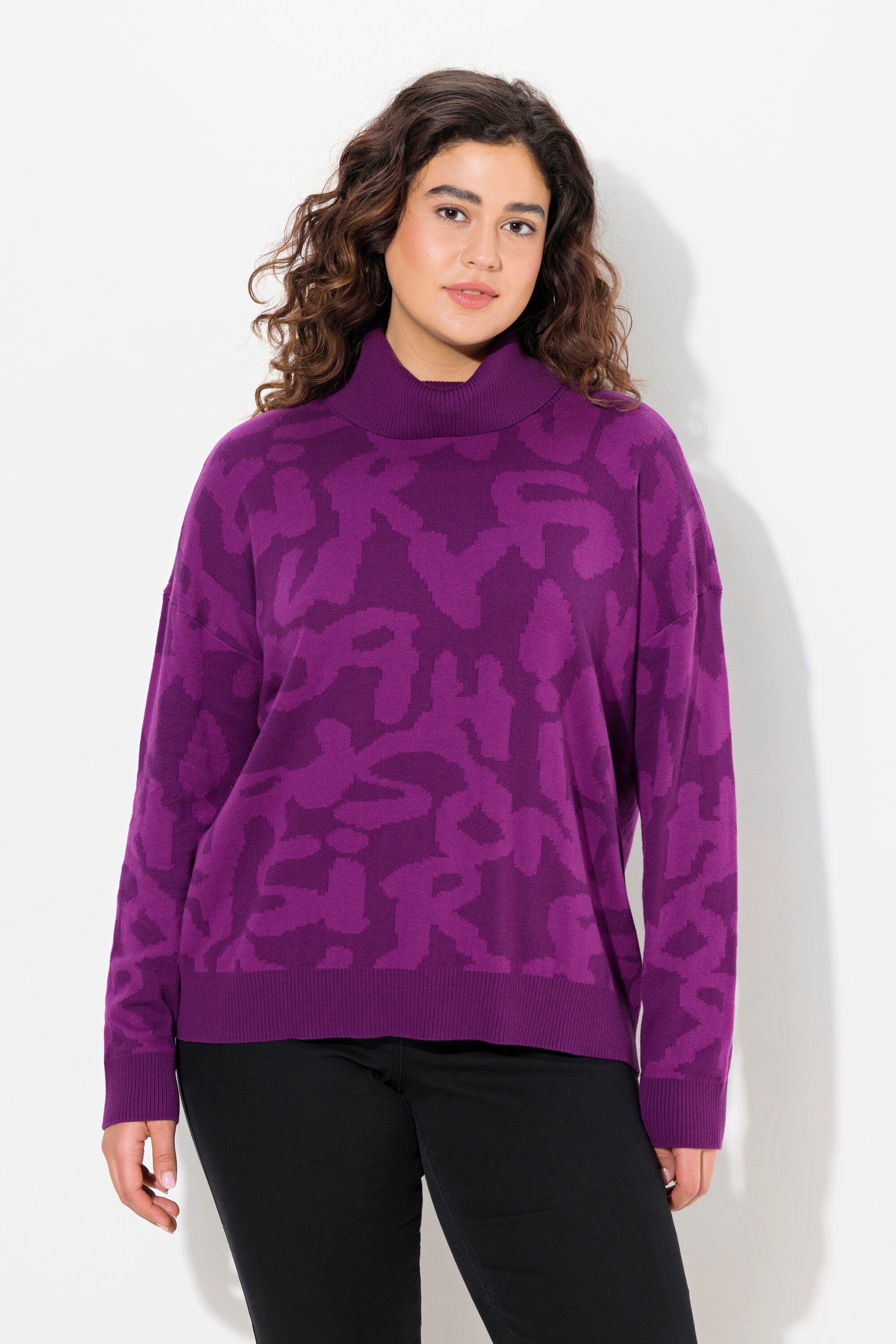 Ulla Popken Longpullover Pullover Buchstaben gerippter Rollkragen Langarm günstig online kaufen