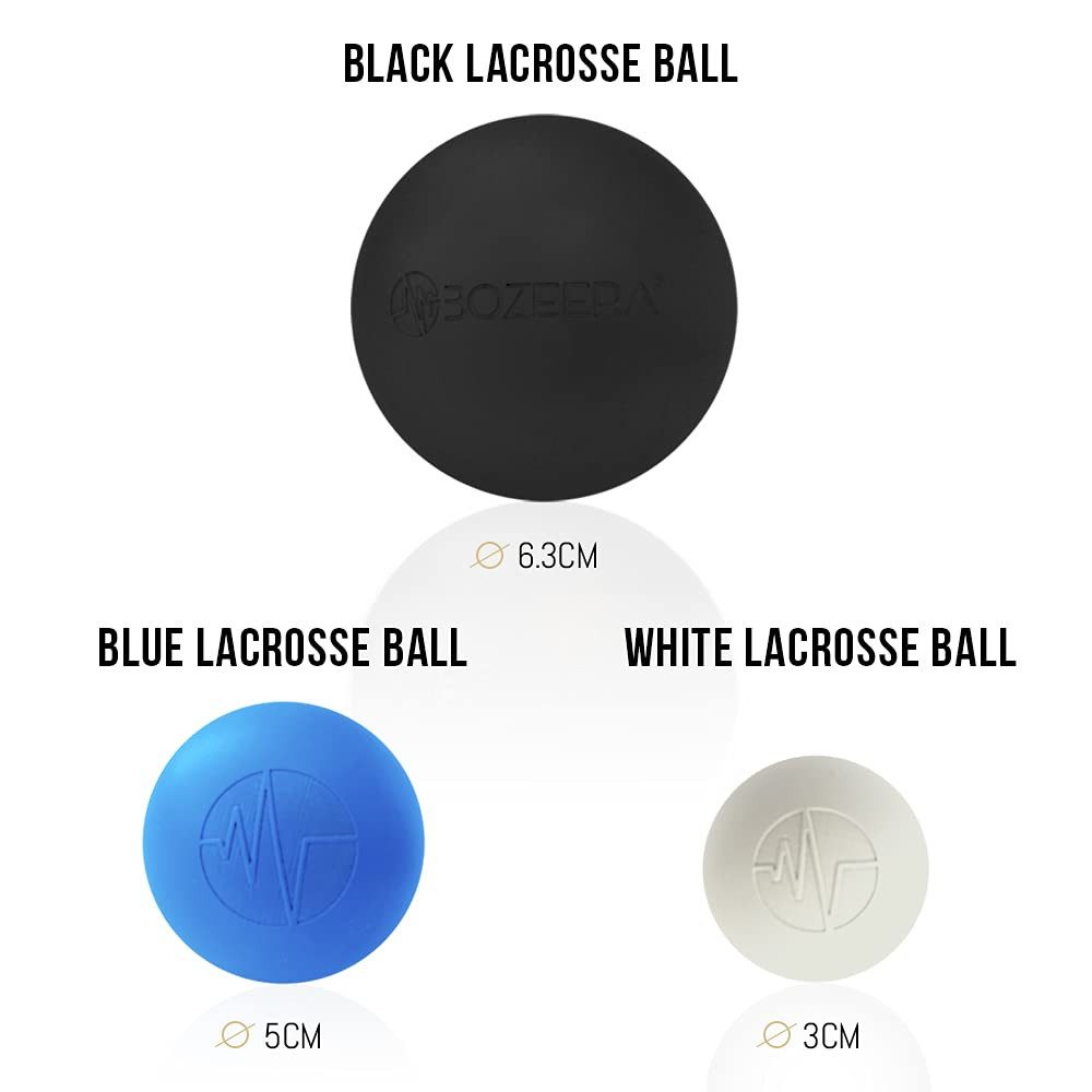 BOZEERA Massageball Lacrosse Massageball 3er Set – Lacross Ball 6 cm, 5cm und 3cm, Gummi Ball Set – Faszienball Set - Lacross Ball, Inkl. GRATIS Video-anleitung, Übungs-booklet & Tasche – Premium Set