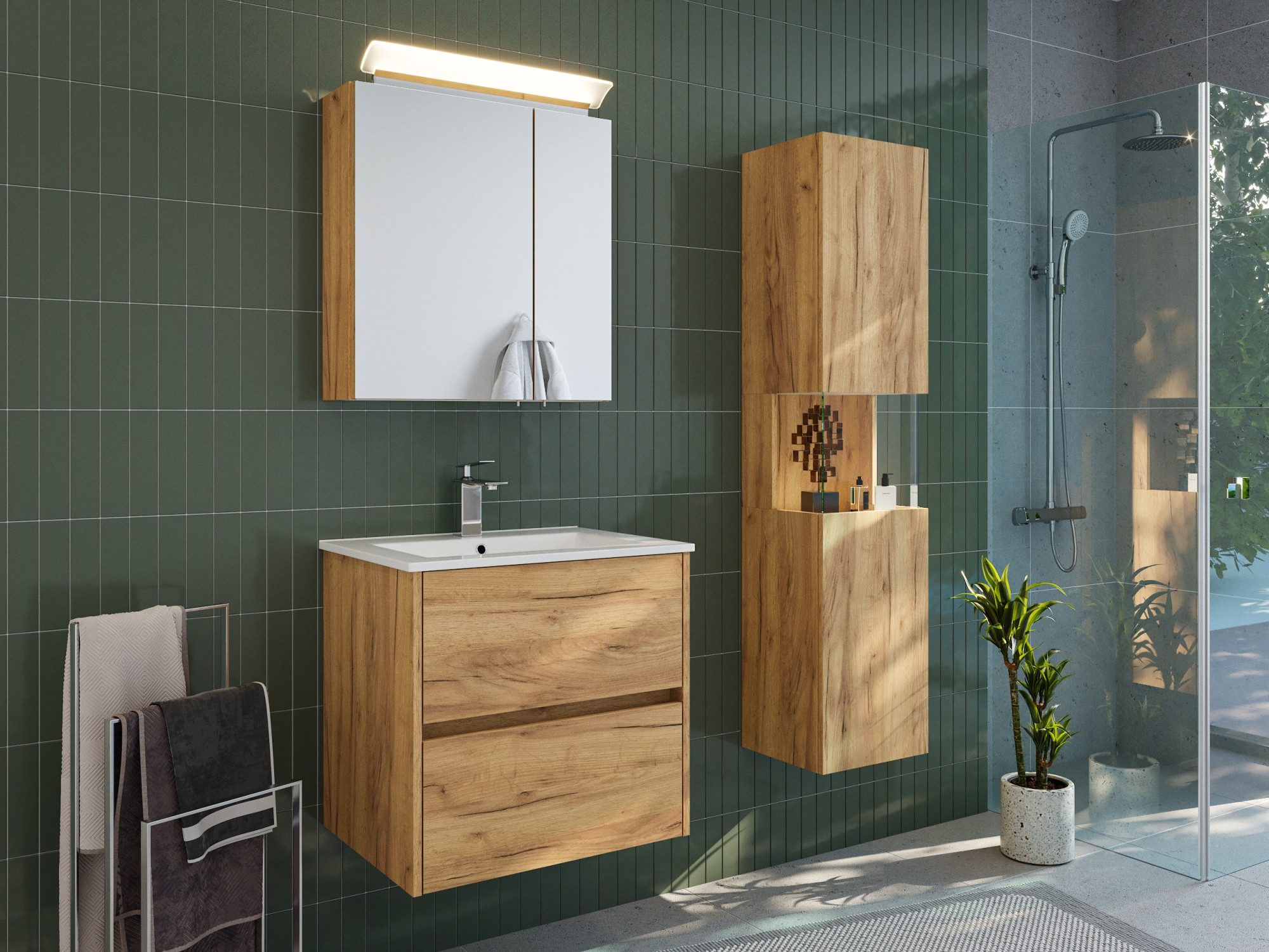 Magnolia Home Badmöbel-Set Badmöbelset Taifun 60cm 3tlg mit Spiegelschrank & Seitenschrank eiche