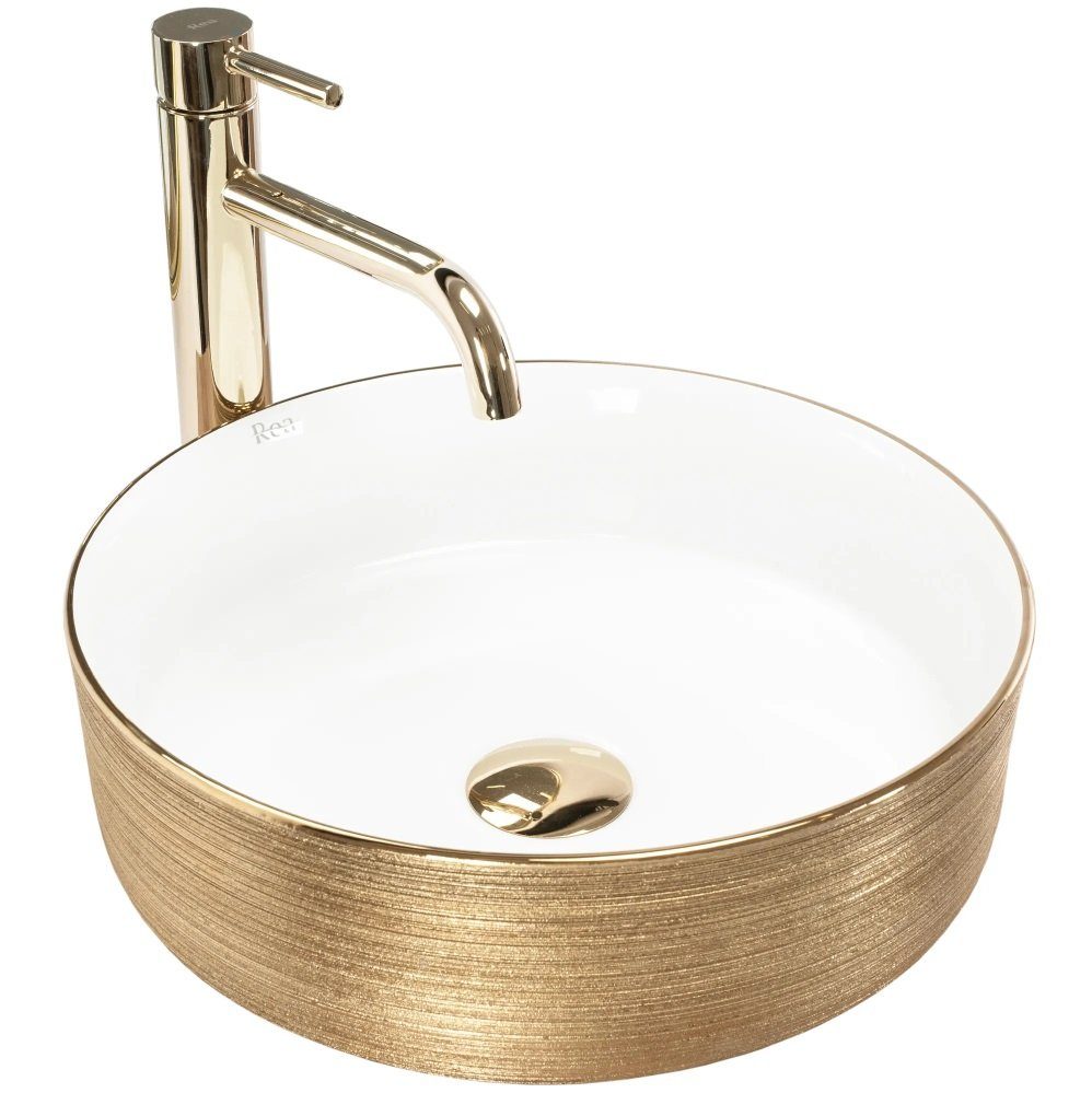 wohnwerk.idee Aufsatzwaschbecken Waschbecken Keramik Sami Brushed Gold Gebürstet rund Ø36,5cm