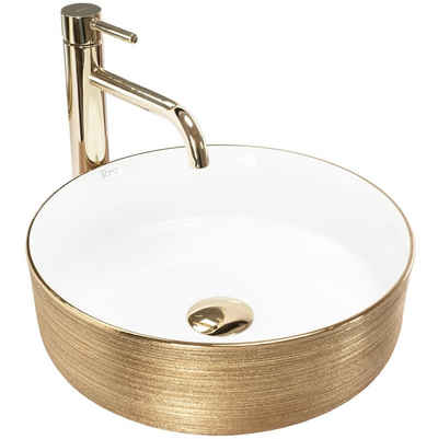 wohnwerk.idee Aufsatzwaschbecken Waschbecken Keramik Sami Brushed Gold Gebürstet rund Ø36,5cm