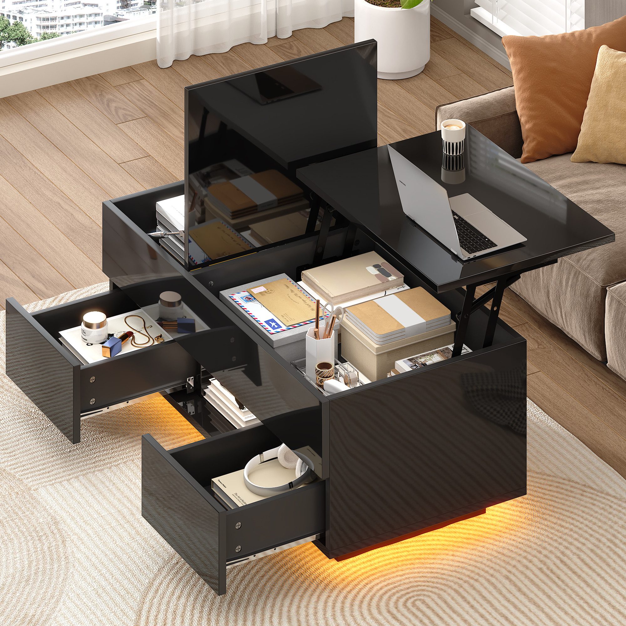 Fine Life Pro Couchtisch Couchtisch 100×45×43 cm LED, 1 Tisch, Schwarz, Wohnzimmer