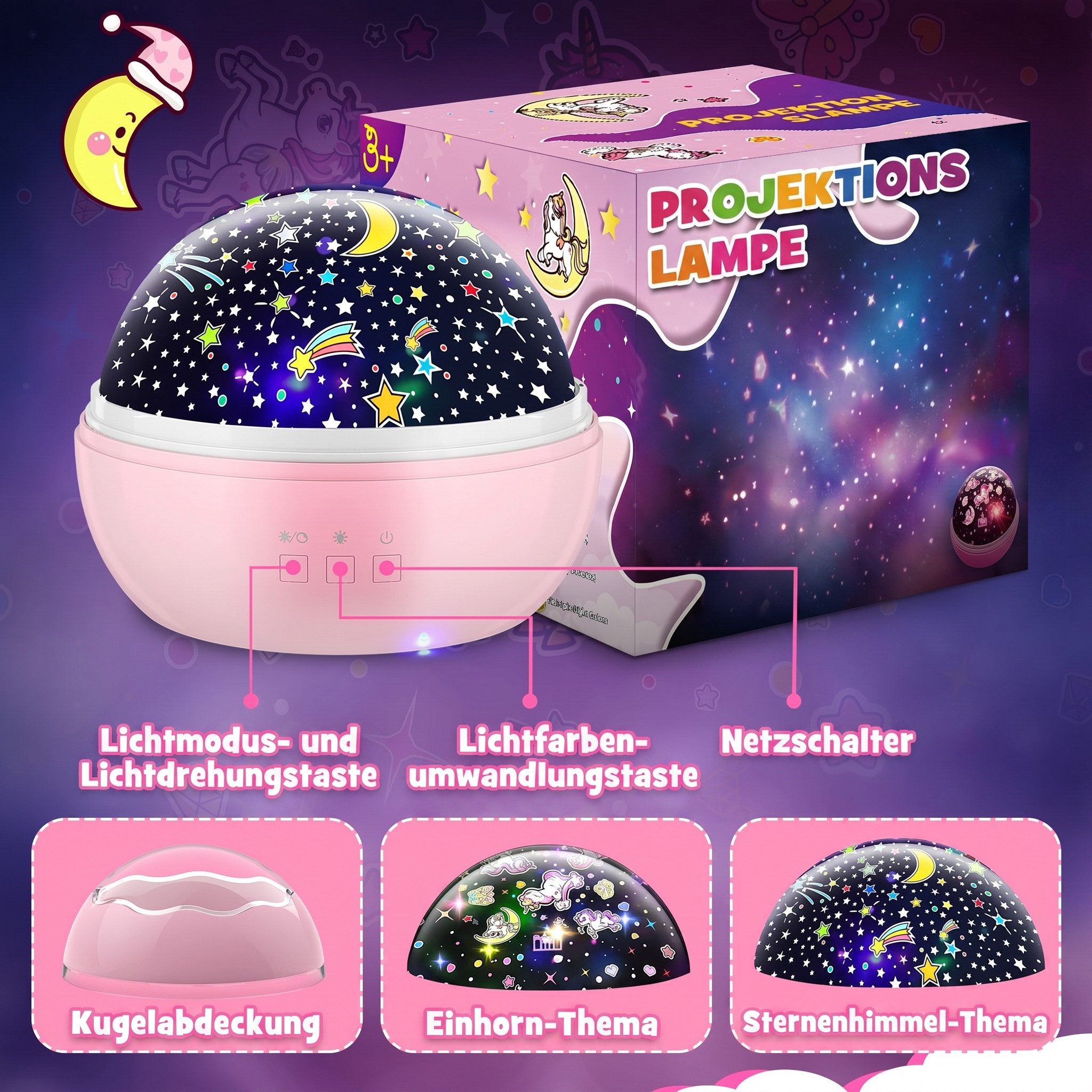 Wootoy LED Nachtlicht Einhorn Nachtlicht Projektor 360° rotierende Sternenprojektor Lampe, in Warmgelb Blau Rot und Grün, LED fest integriert, Farbwechsler, 360° rotierende Projektion 5 Lichtmodi 4 LED-Farben