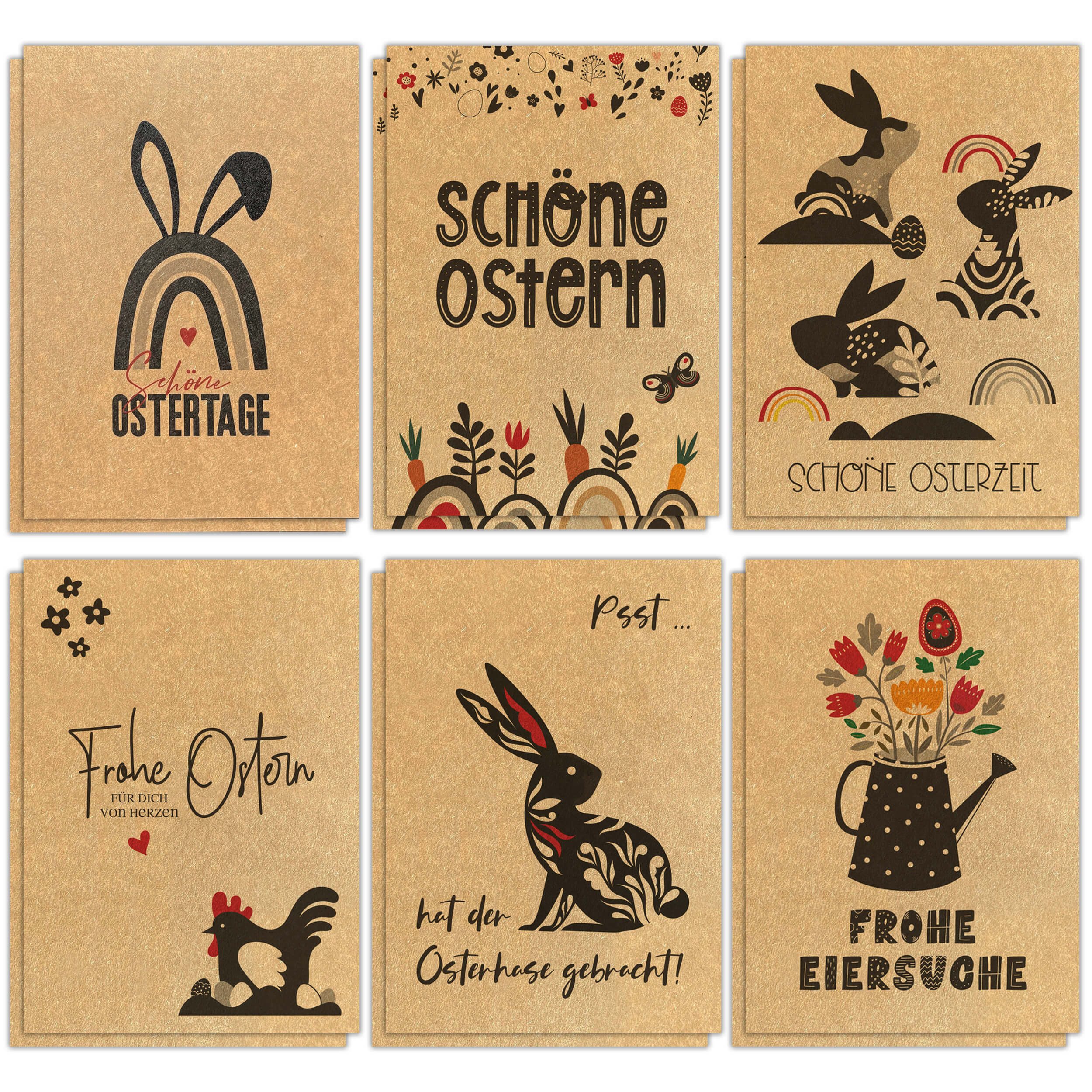 TOBJA Osterkarte Ostergrusskarten 12er Kraftpapier Oster Karten Set - Ostern Postkarten, Osterpostkarten 6 Variationen DIN A6 Osterhase