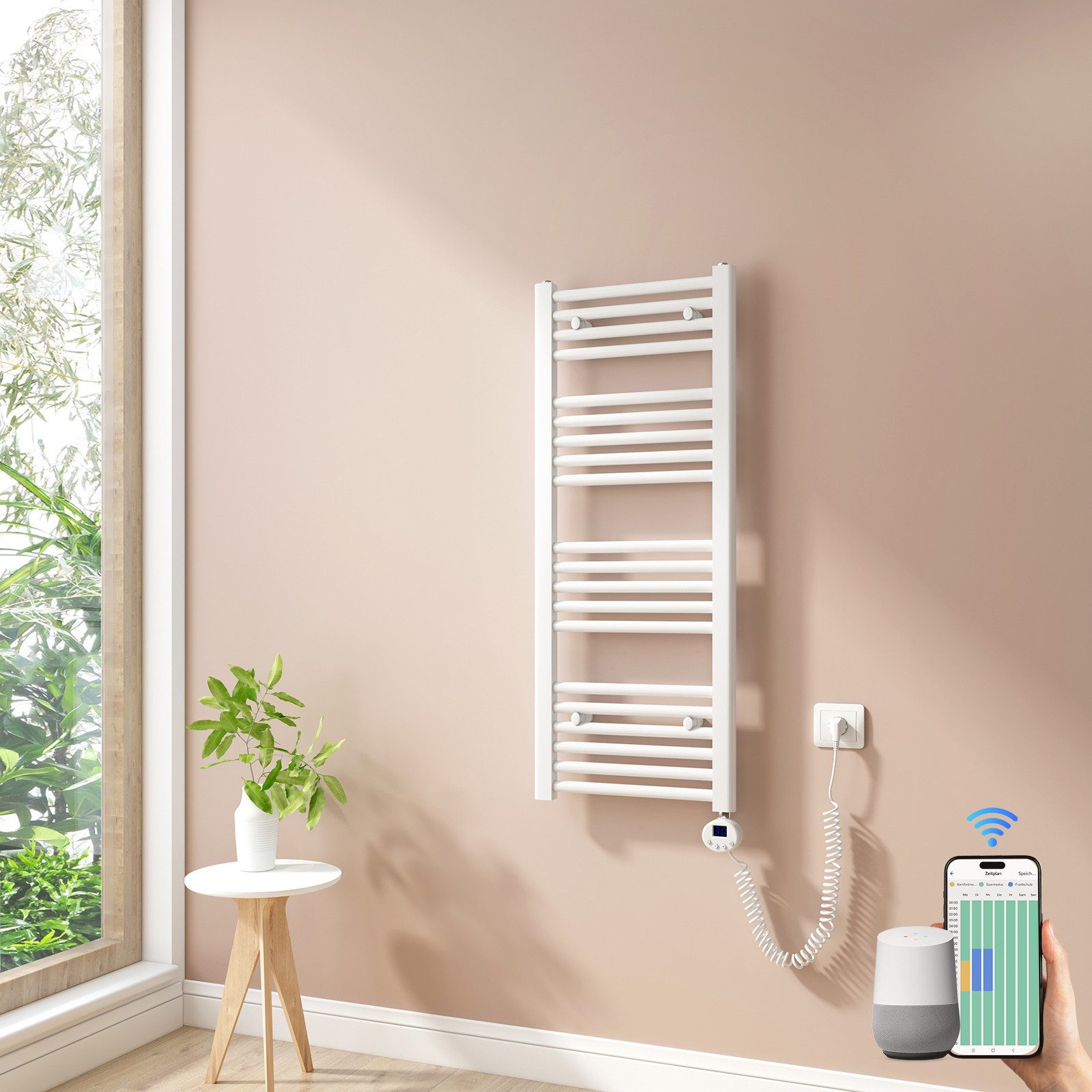 MEYKOERS Elektrischer Badheizkörper Handtuchheizkörper mit Smart WiFi Thermostat Heizstab, 300W/500W, Höhe: 100 cm, Intelligente Steuerung, 4 Modi und Smartes Heizen
