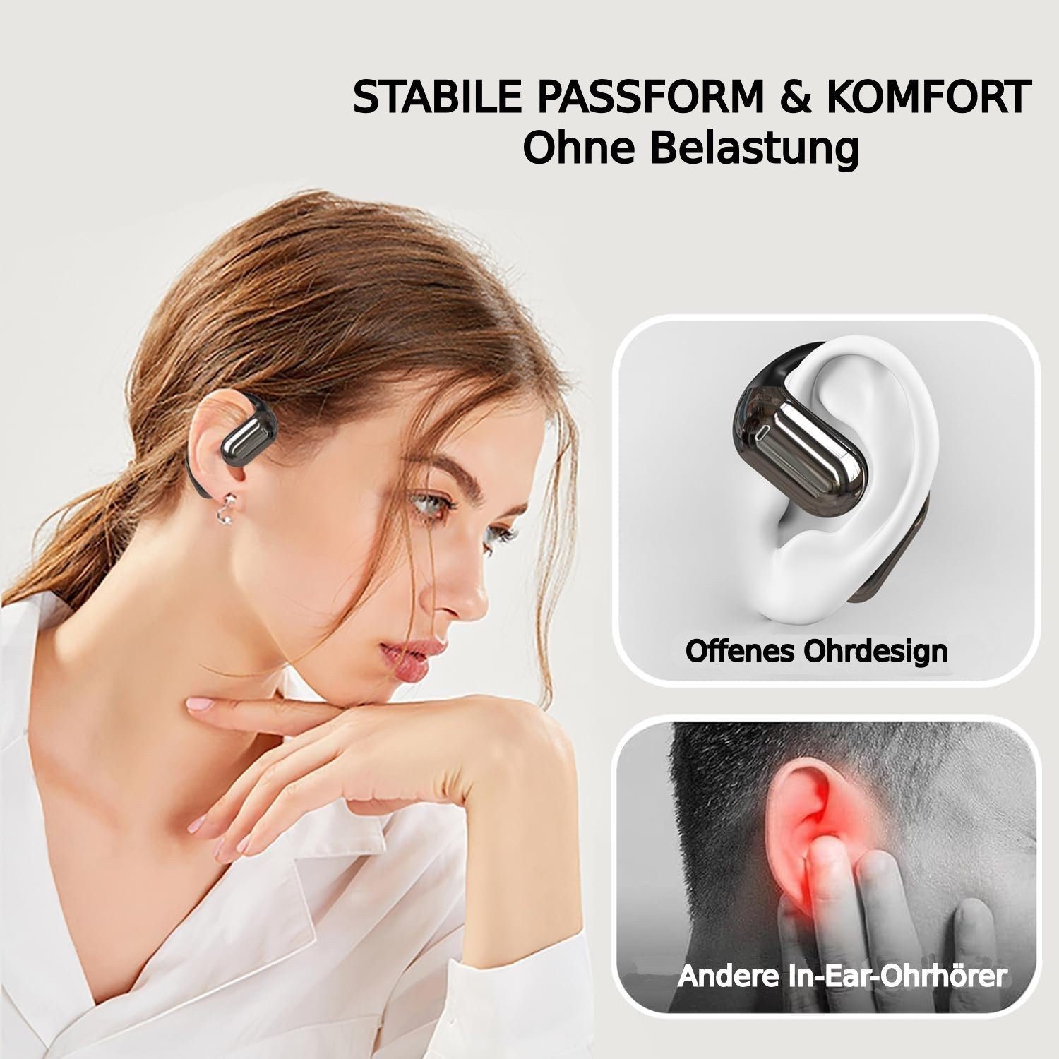 ibettertec Bluetooth 6.0 Sport-Kopfhörer mit Ohrbügel Open-Ear-Kopfhörer (60 Std. Laufzeit, 14,2-mm-Treiber, 4-Mikrofon-ENC, IPX7, LED-Ladecase, Touch-Steuerung, für Übung, Büro und Langzeitgebrauc, Bluetooth Kopfhörer)