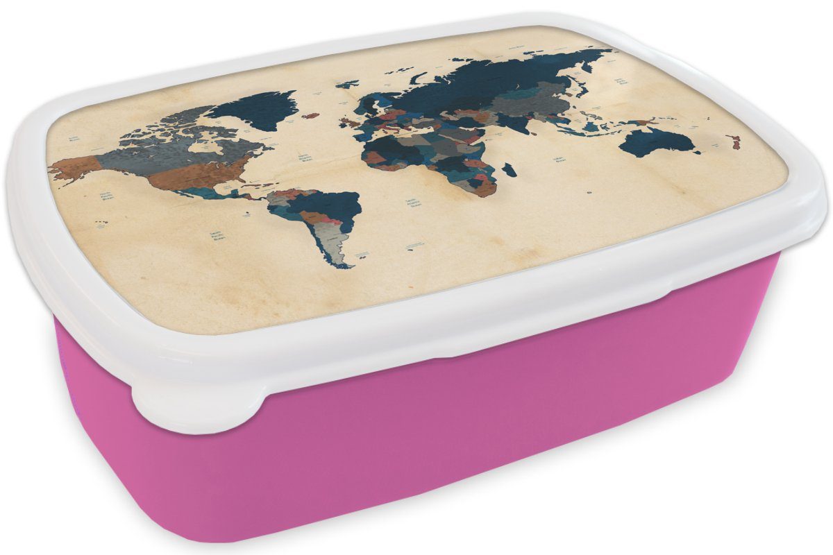 MuchoWow Lunchbox Weltkarte - Kinder Brotbox Kunststoff Mädchen, Jungen - Snackbox, Mädchen, Brotdose für Erwachsene, - Kunststoff, rosa - Vintage Papyrus - Kinder, (2-tlg)