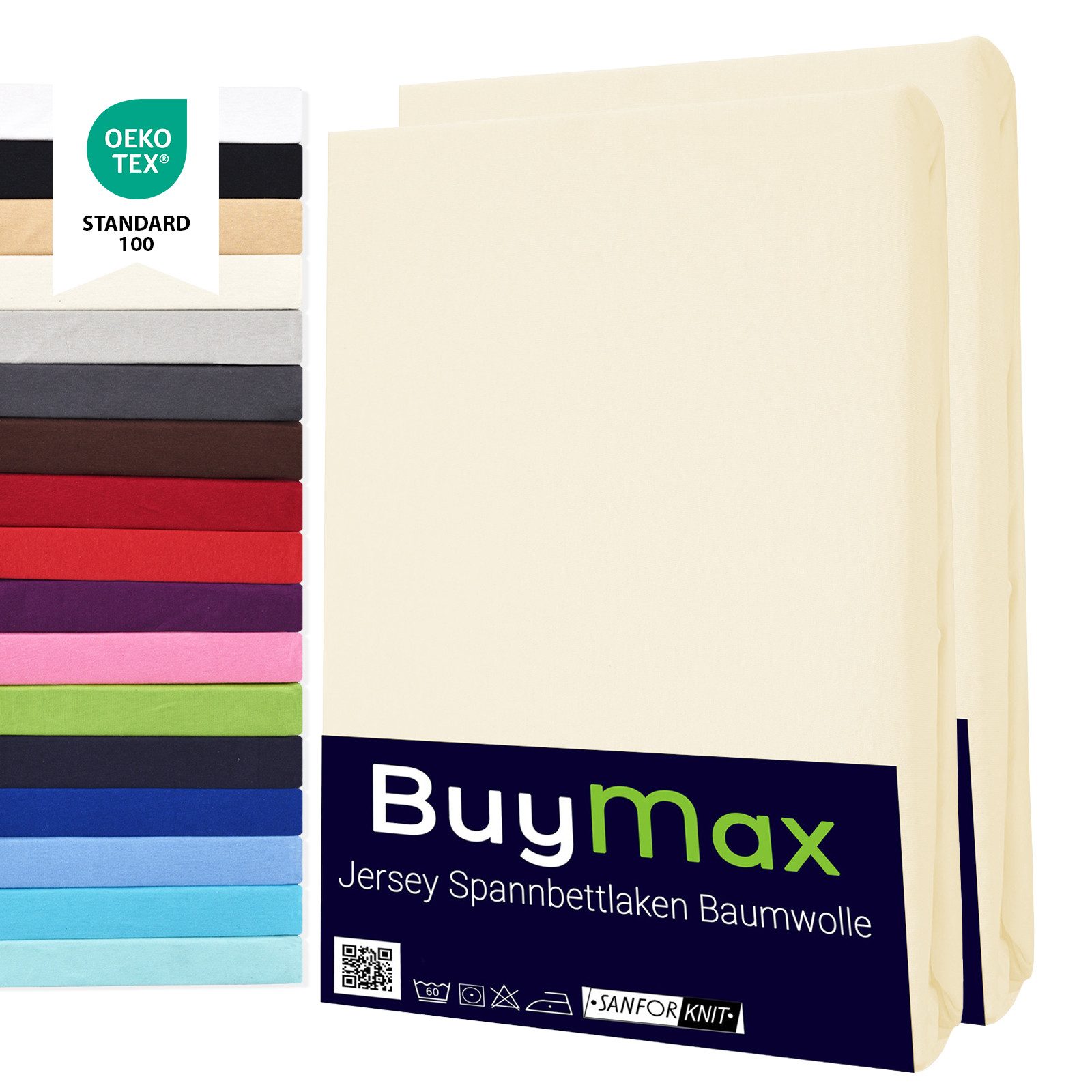 Buymax Spannbettlaken 2-er Set, Doppelpack, Bettlaken, Jersey 100% Baumwolle, Gummizug: rundum, (2 Stück), Pflegeleicht und Atmungsaktiv in Verschiedenen Farben und Größen