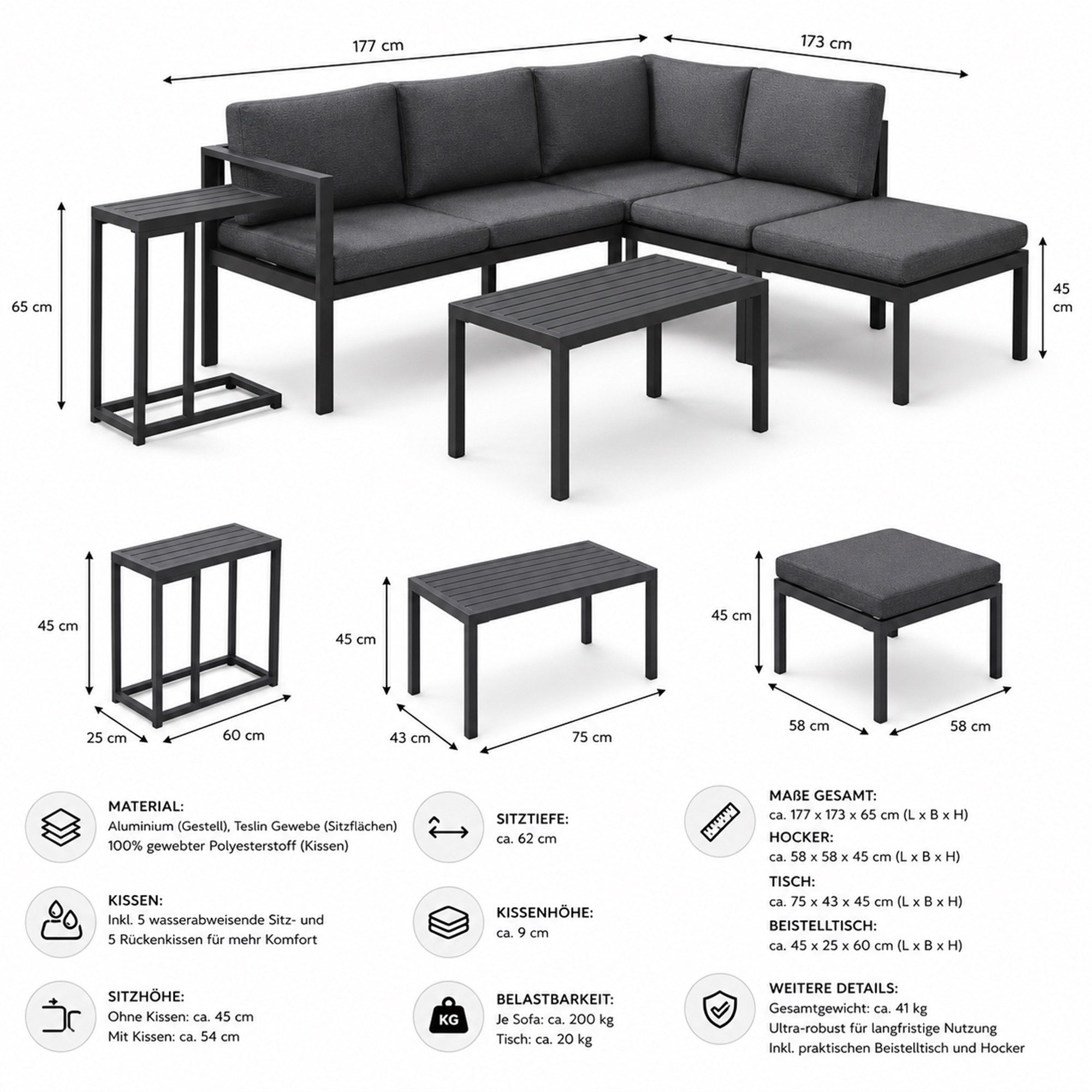 Mucola Sitzgruppe Ecksofa Aluminium Essgruppe wetterfest Ecklounge Beistelltisch Hocker, (UV-Beständigkeit, 5-tlg., Möbelset Anthrazit), Inkl. praktischen Beistelltisch, Hocker und wasserabweisenden Kissen