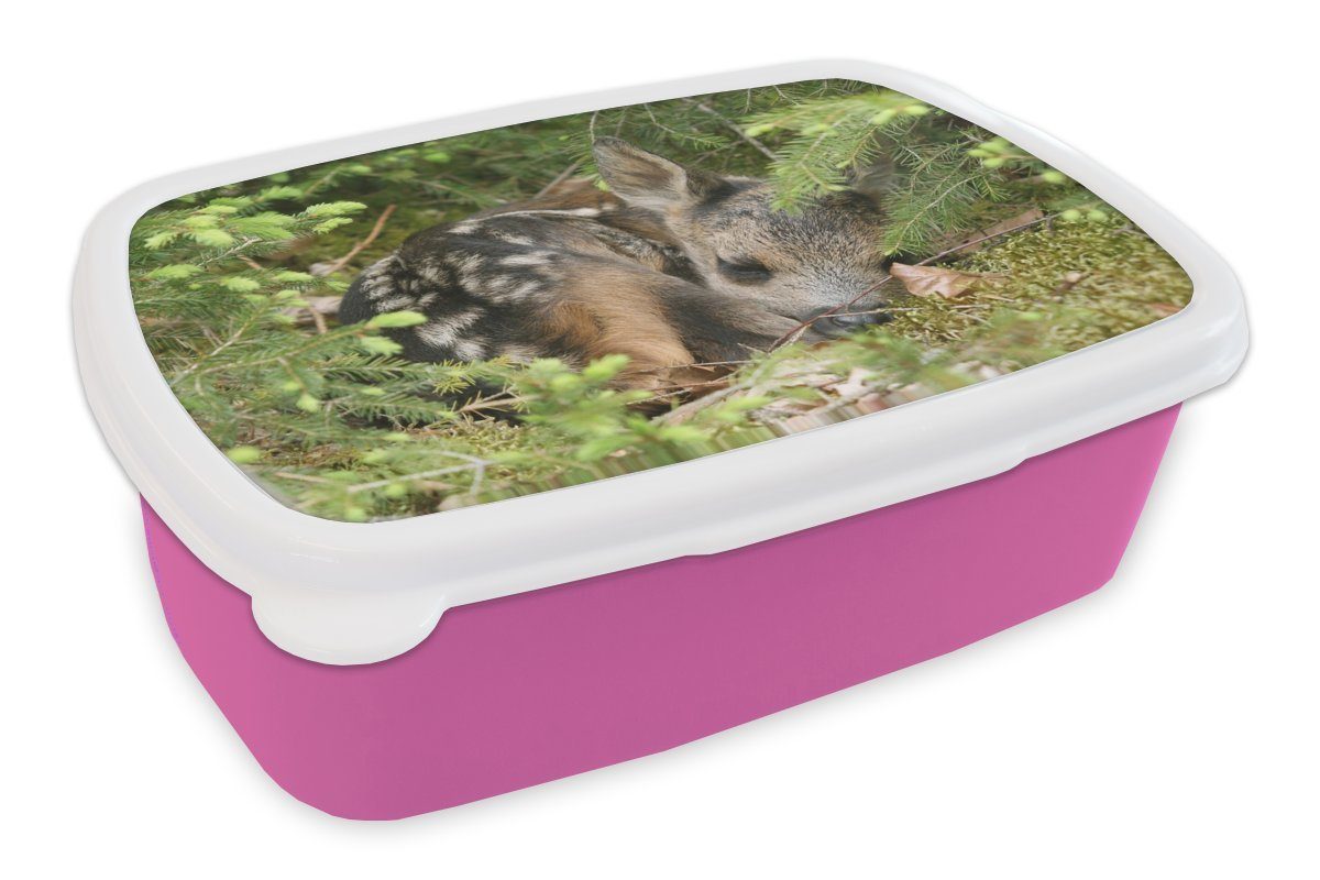 MuchoWow Lunchbox Schlafendes Rehwild, Kunststoff, Mädchen, Kunststoff (2-tlg), Brotdose für Snackbox, Brotbox Kinder, rosa Erwachsene
