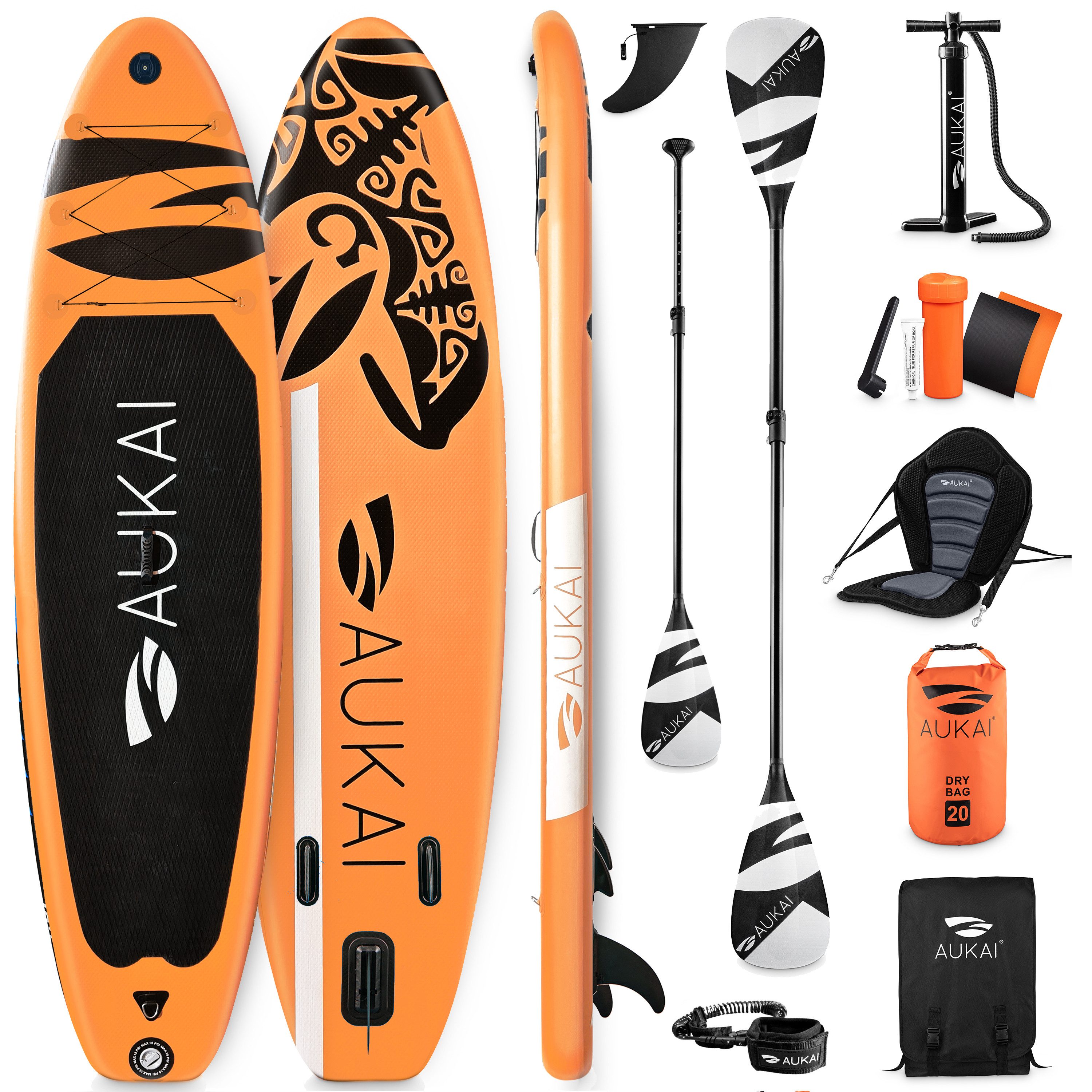 Aukai SUP-Board PRO 320cm, 2in1 Aufblasbares Stand up Paddle Set mit Kajak-Sitz, (Action-Cam-Halterung, Fußschlaufe, Pumpe, Rucksack, AquaBag), Komplettsett - 5 Jahre Garantie
