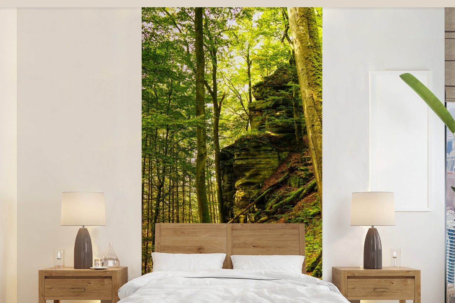 Fototapete Stein Pflanzen, für MuchoWow Küche, Vliestapete Schlafzimmer bedruckt, - Wohnzimmer Matt, (2 St), - - - Wald Bäume Natur Fototapete