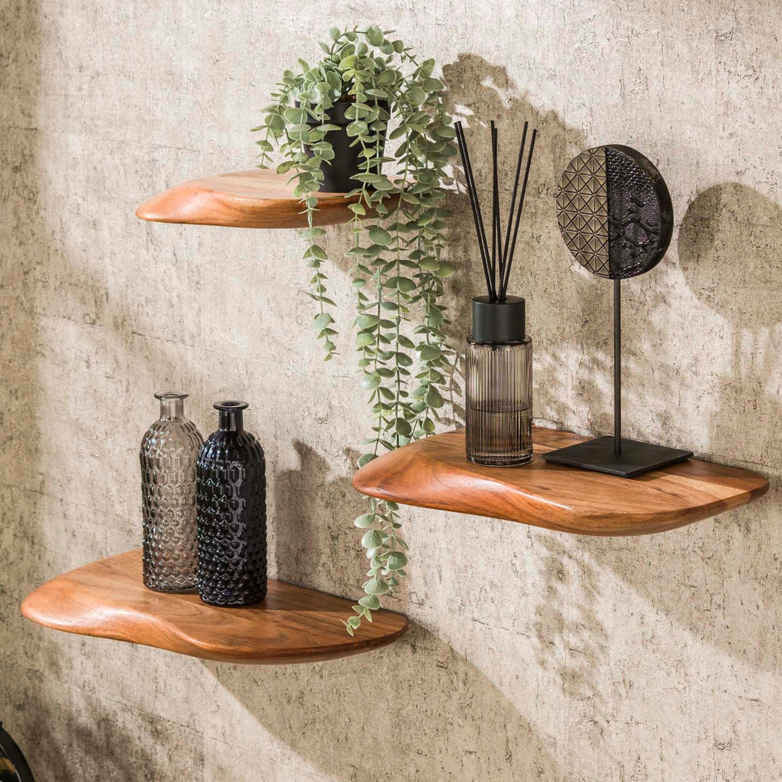 alesvelt Wandregal Set ORGANIC FLOW 3 schwebende Massivholz-Regale aus Akazie, 30x20x4cm, 40x20x4cm, 50x20x4cm, Naturform