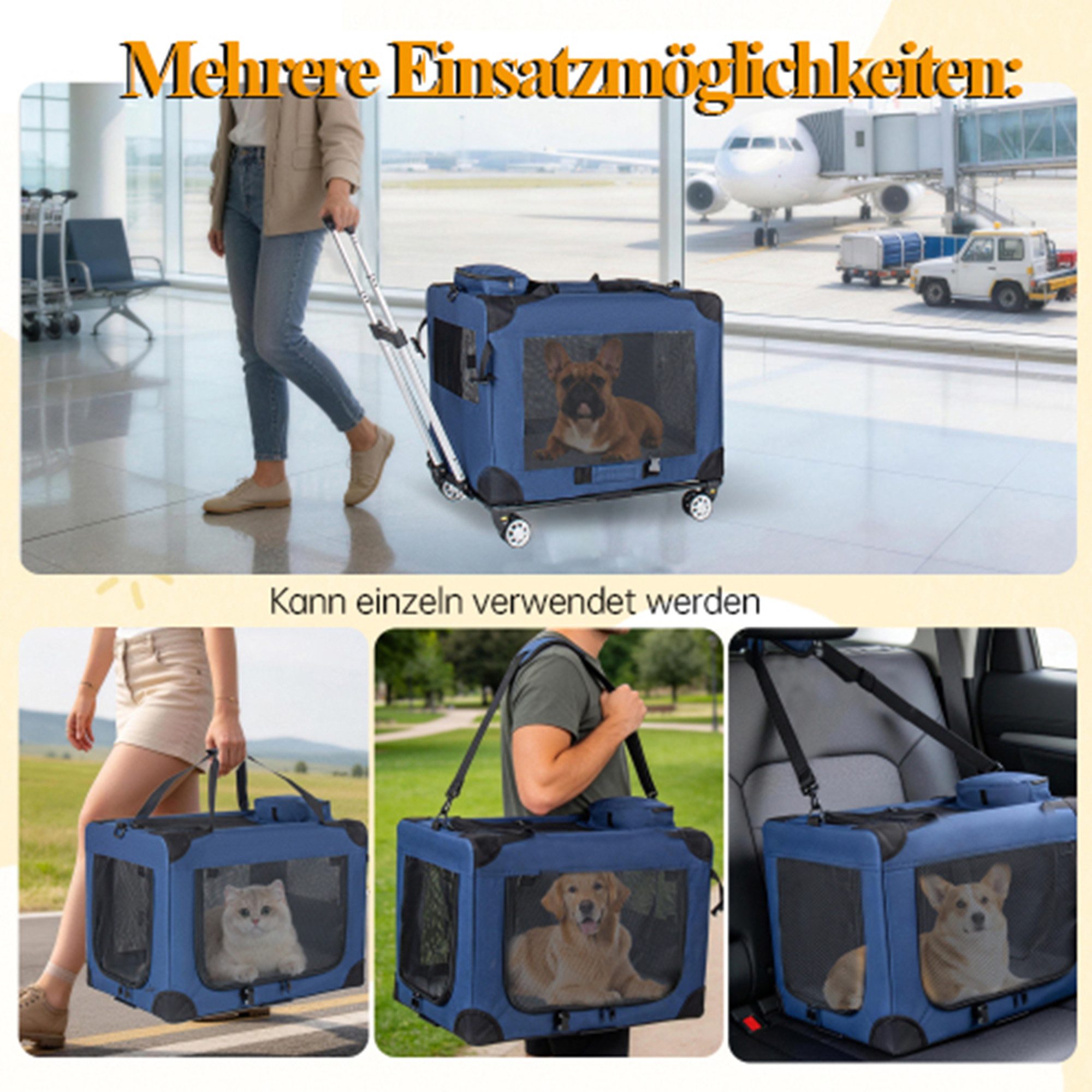 i@home Tiertransporttasche Hunde-Transportbox 2-in-1 faltbare 60cm bis 18 kg, rollbare Transporttasche mit Rädern tragbare Faltbox Netzfenstern