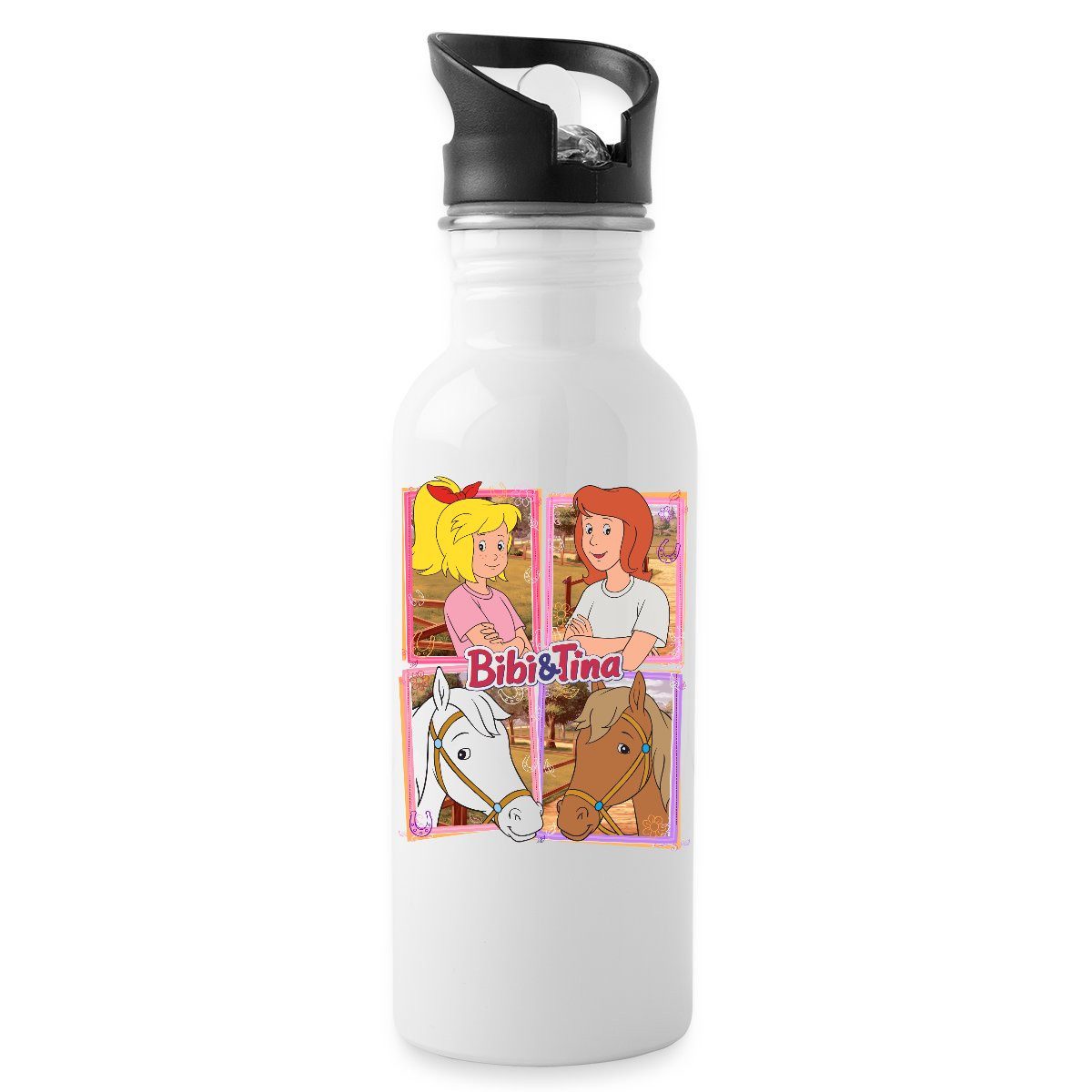 Spreadshirt Trinkflasche Bibi Und Tina Mit Amadeus Und Sabrina Kachelmotiv Wasserflasche mit St